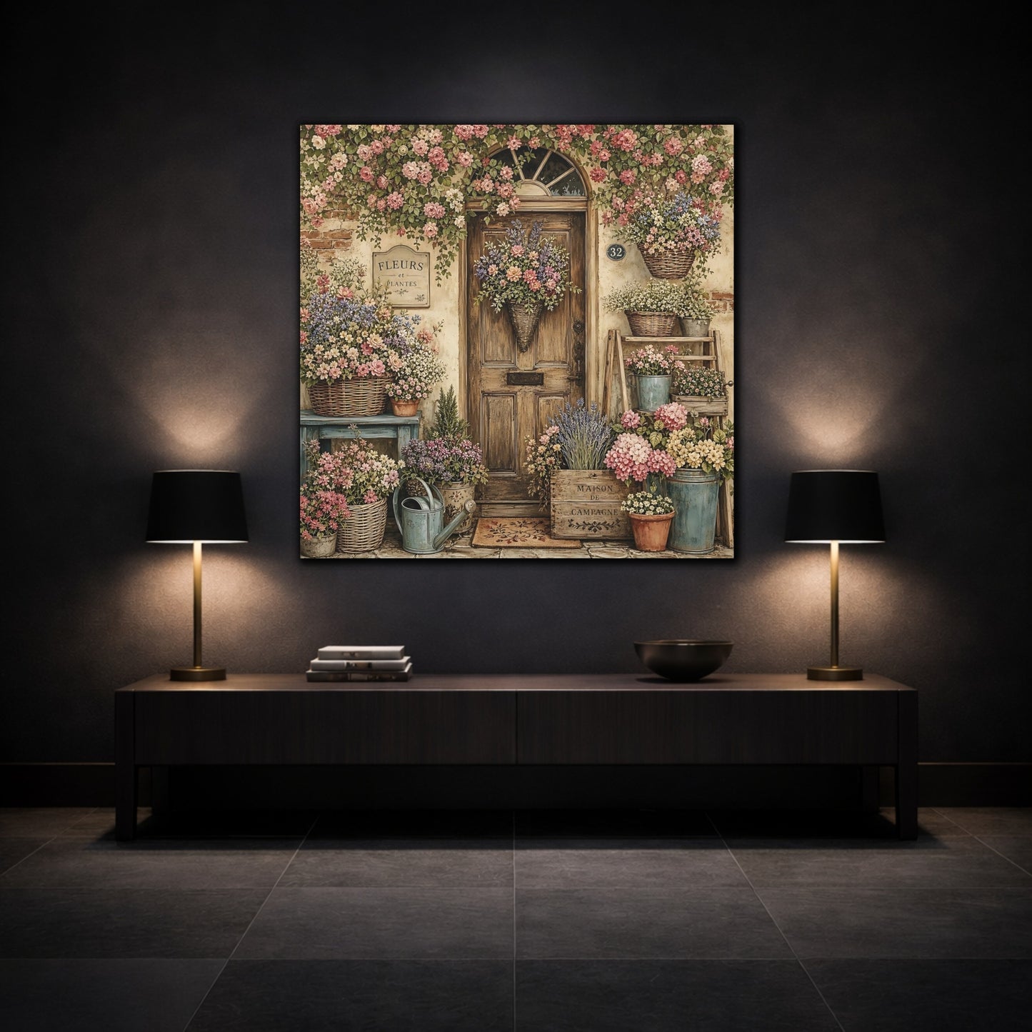 Mockup 3. Aged Vintage Print Cottage Entryway With Flower Baskets shown as stretched canvas wall art