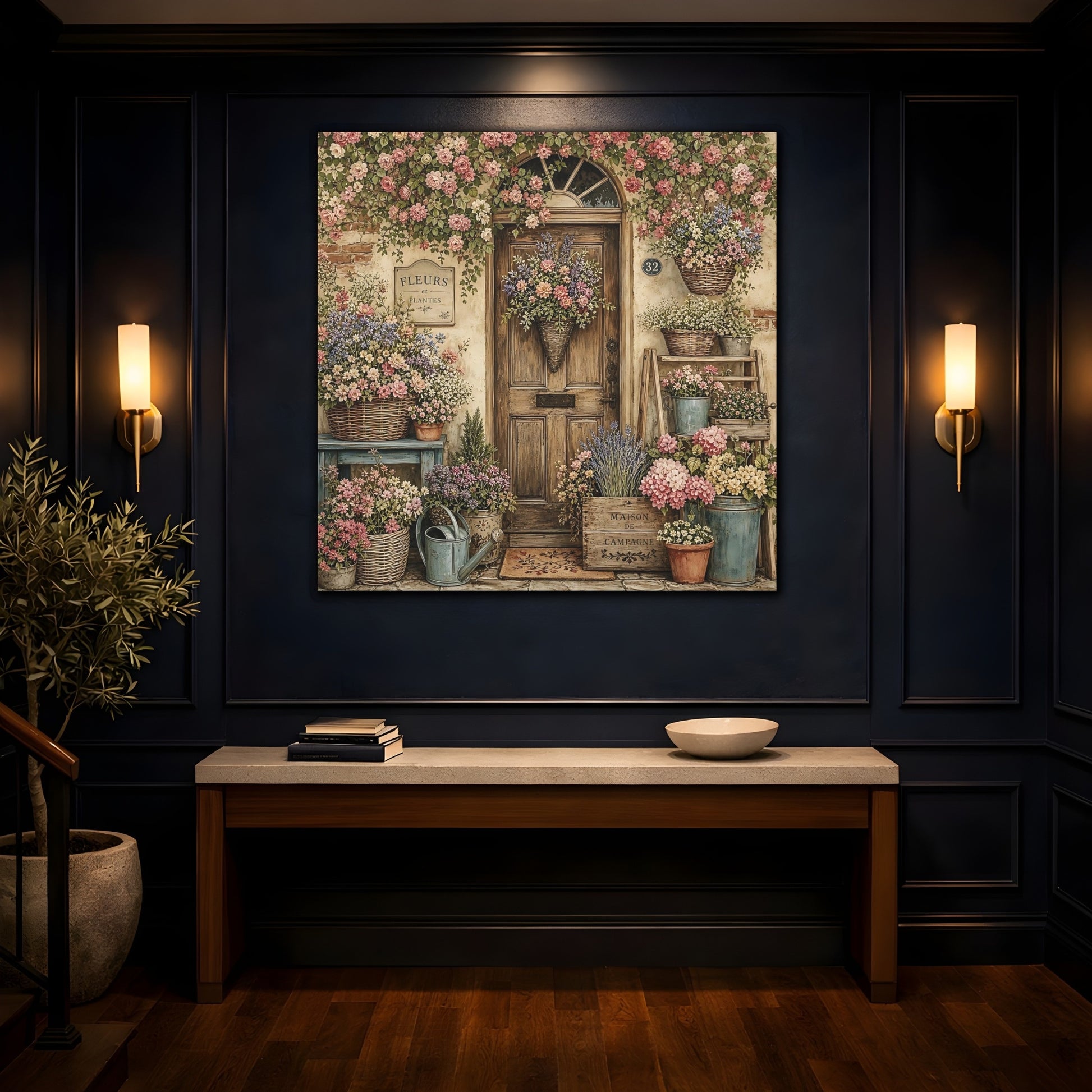 Mockup 4. Aged Vintage Print Cottage Entryway With Flower Baskets shown as stretched canvas wall art