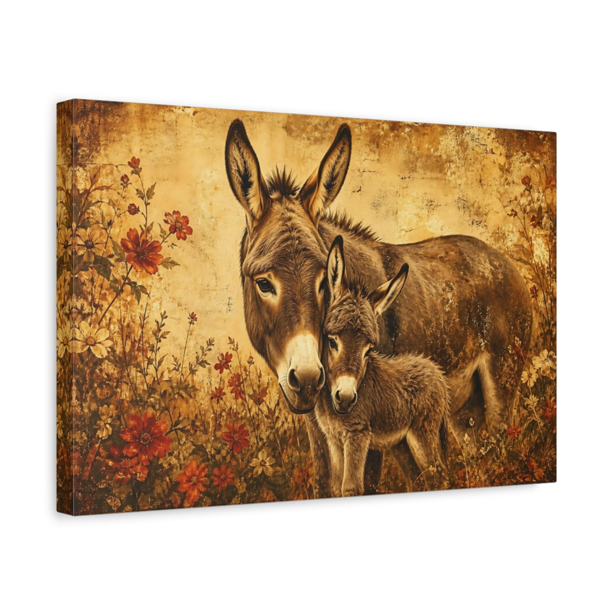 Side Mockup 4. Aged Vintage Print Donkey Mother With Small Foal shown as stretched canvas wall art