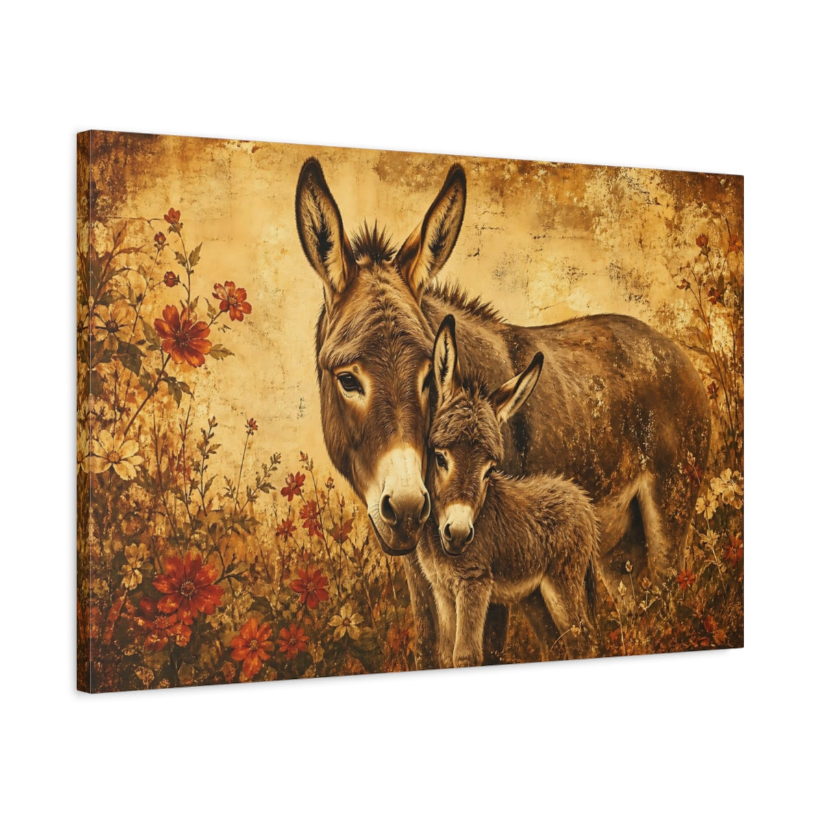 Side Mockup 2. Aged Vintage Print Donkey Mother With Small Foal shown as stretched canvas wall art