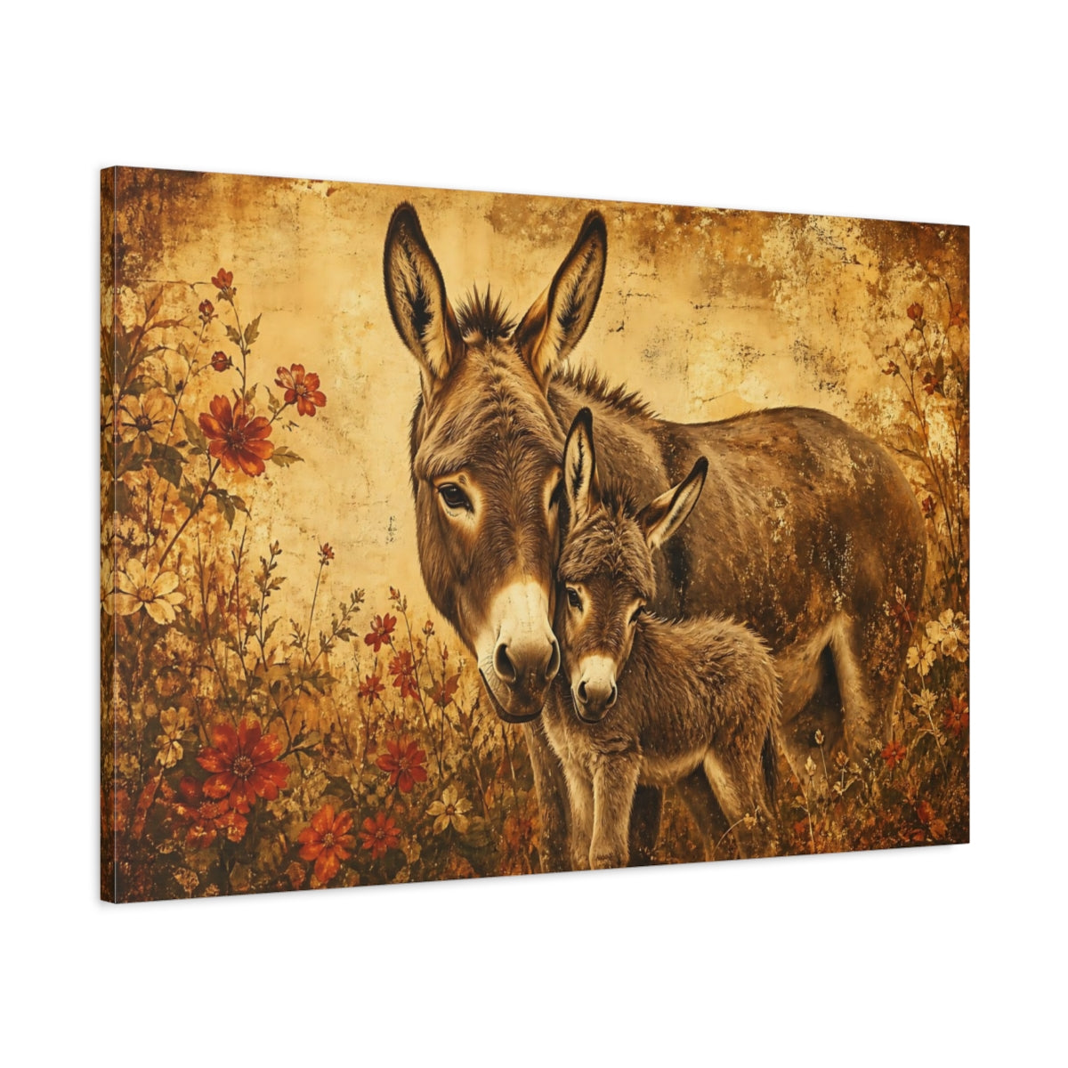 Main Mockup. Aged Vintage Print Donkey Mother With Small Foal shown as stretched canvas wall art