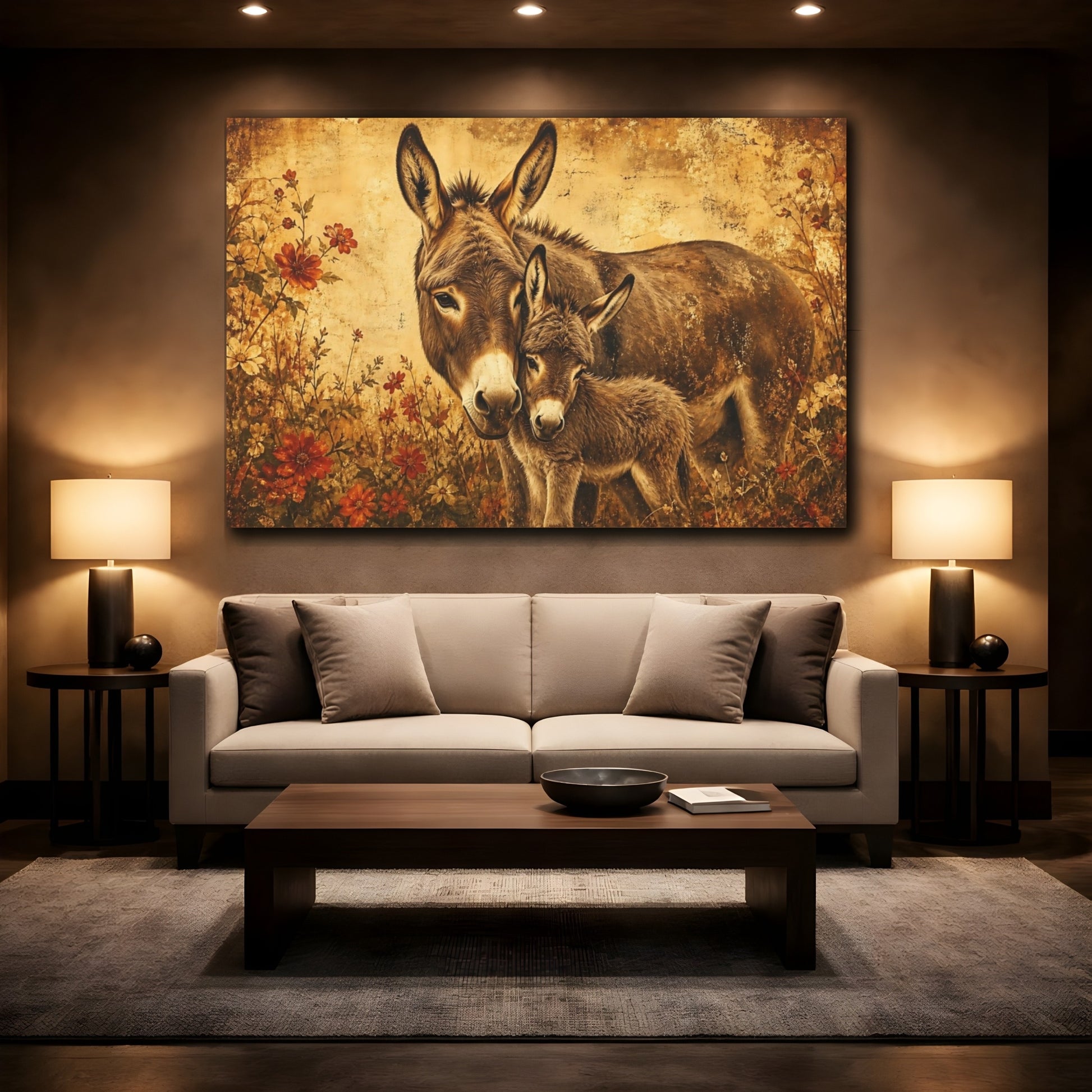 Mockup 2. Aged Vintage Print Donkey Mother With Small Foal shown as stretched canvas wall art