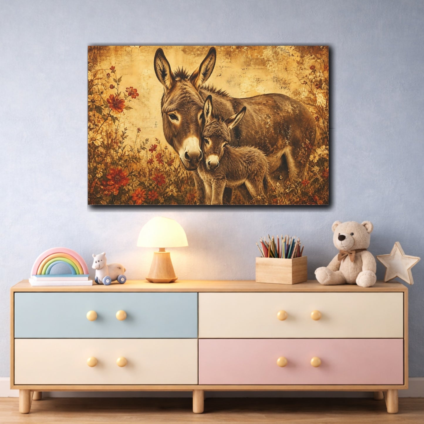 Mockup 3. Aged Vintage Print Donkey Mother With Small Foal shown as stretched canvas wall art