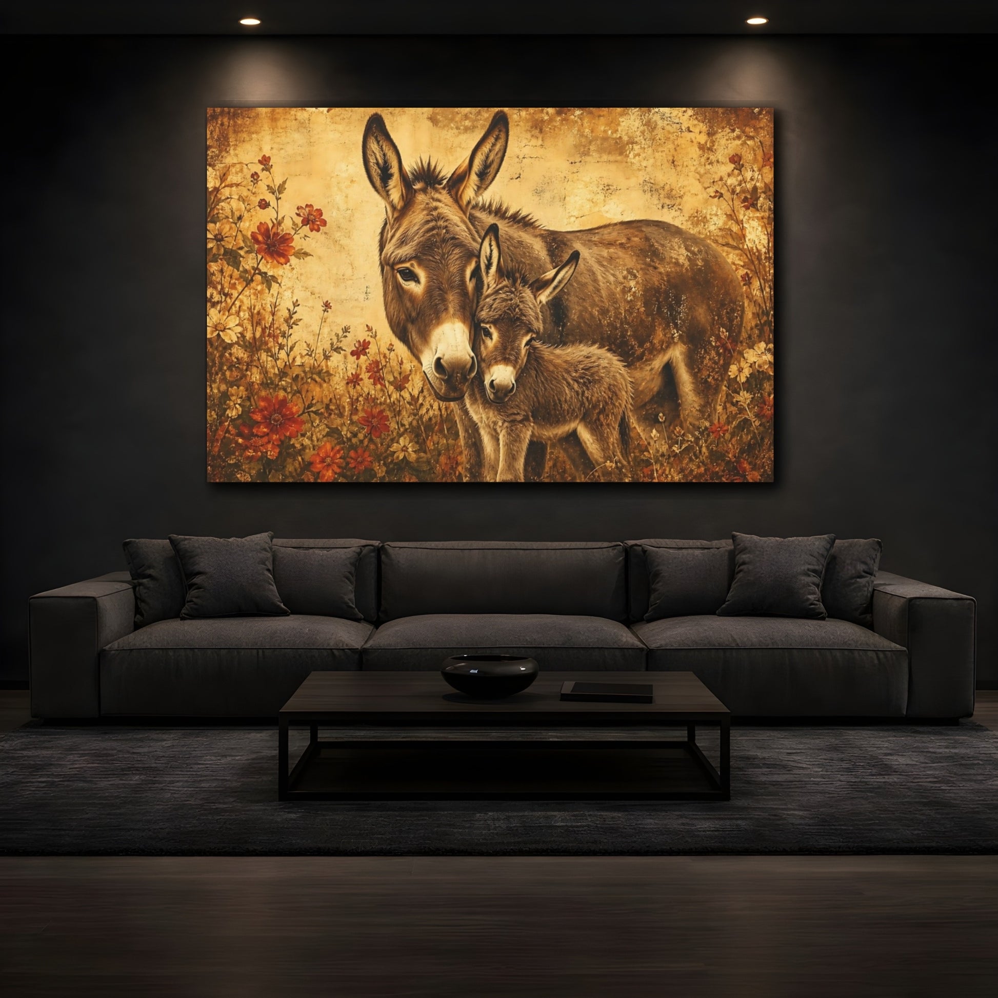 Mockup 4. Aged Vintage Print Donkey Mother With Small Foal shown as stretched canvas wall art