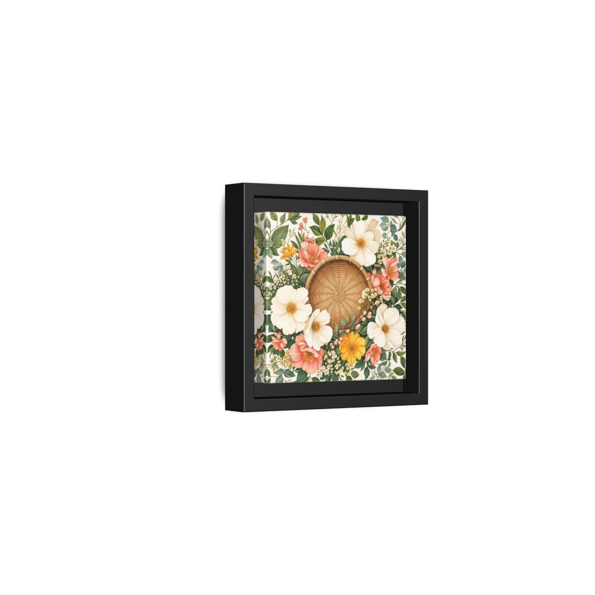 Side Mockup 24. Aged Vintage Print Flowers Beside Woven Wall Basket shown as stretched canvas wall art