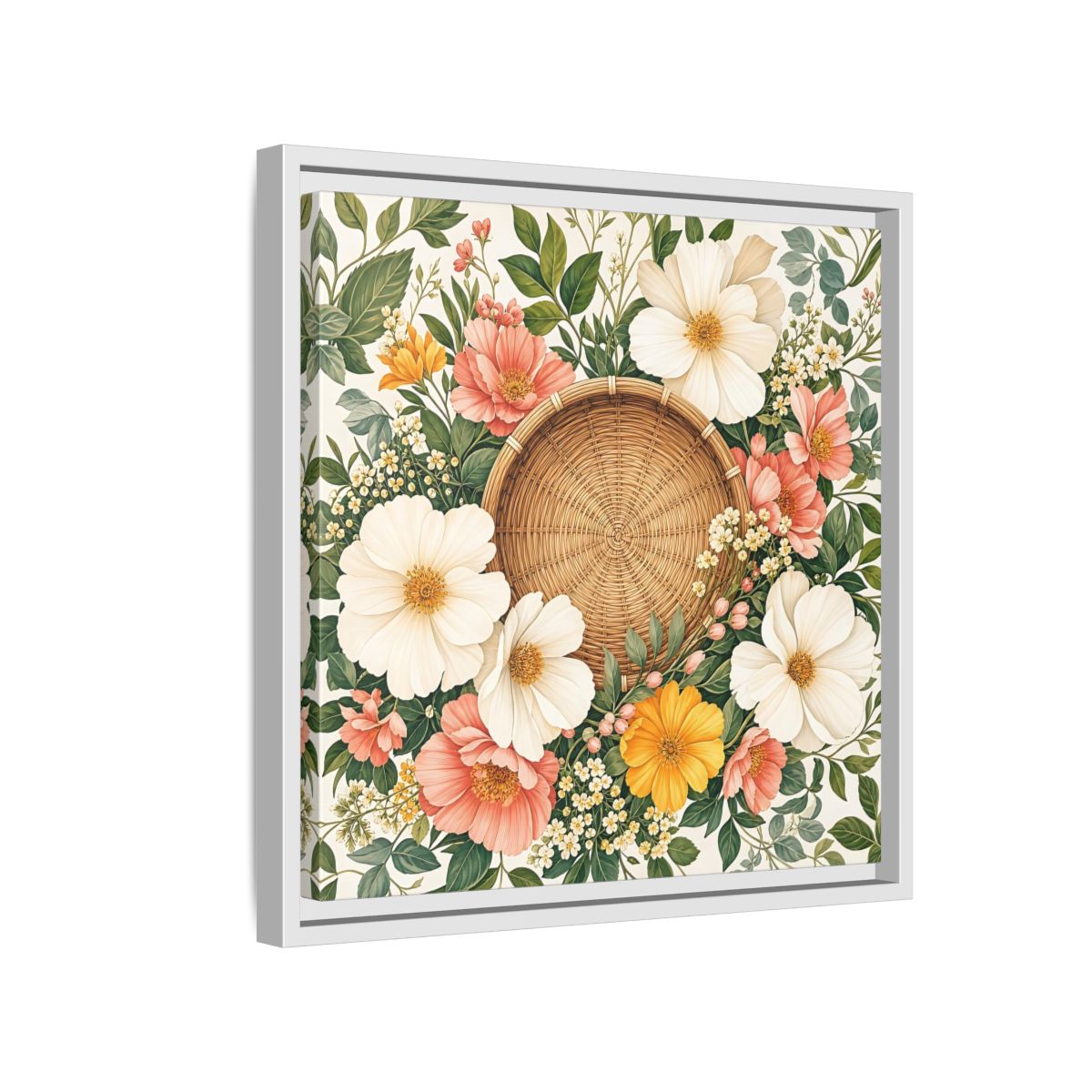 Side Mockup 13. Aged Vintage Print Flowers Beside Woven Wall Basket shown as stretched canvas wall art