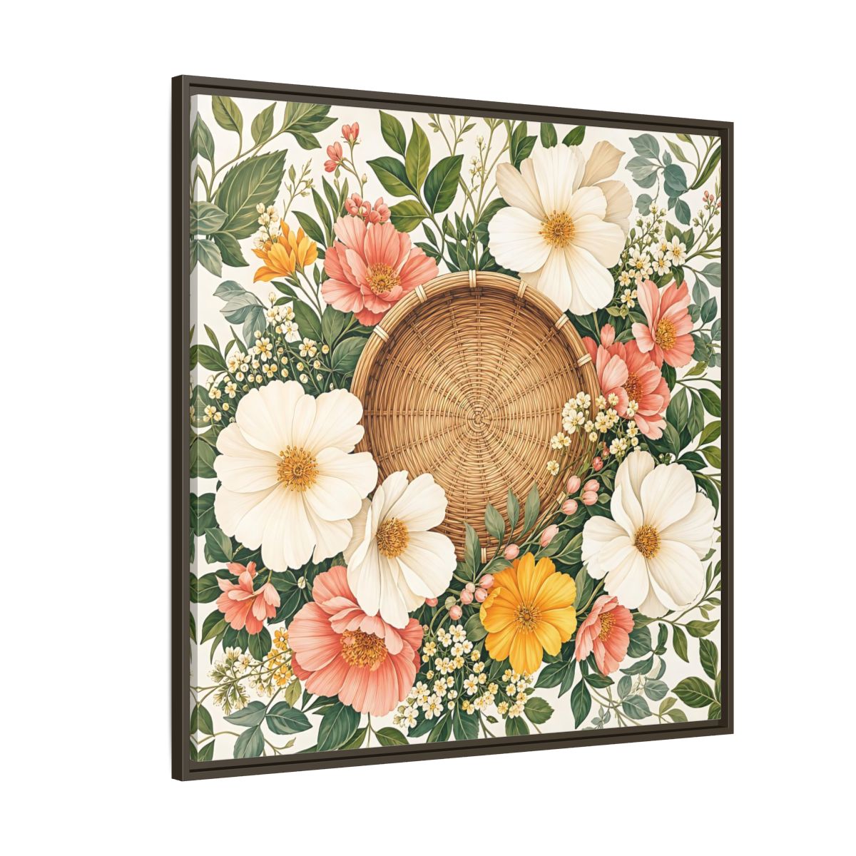 Side Mockup 5. Aged Vintage Print Flowers Beside Woven Wall Basket shown as stretched canvas wall art