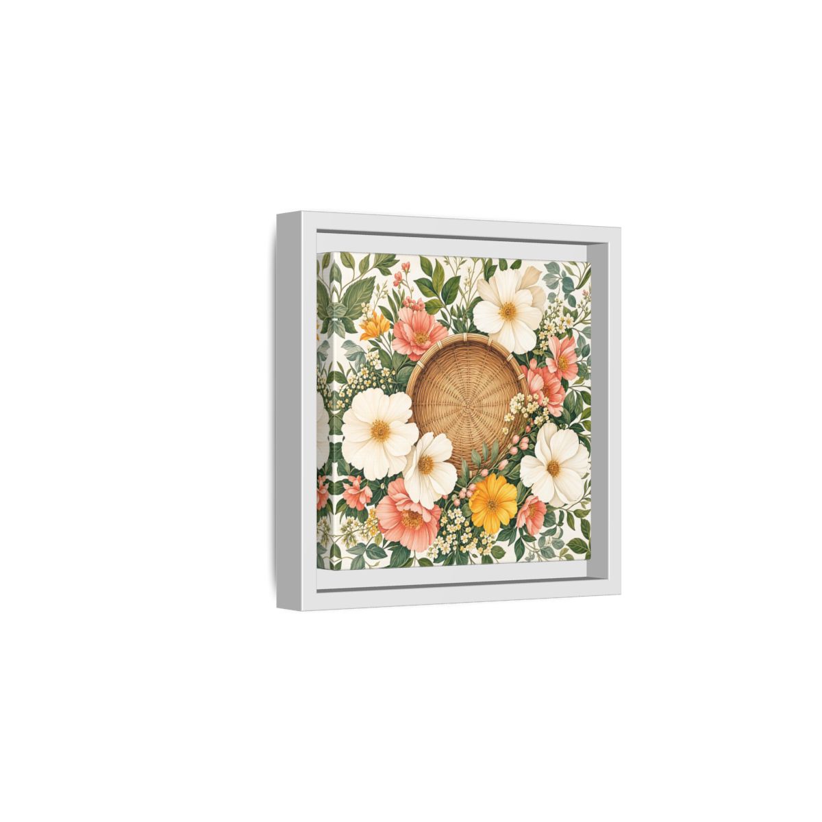 Side Mockup 1. Aged Vintage Print Flowers Beside Woven Wall Basket shown as stretched canvas wall art
