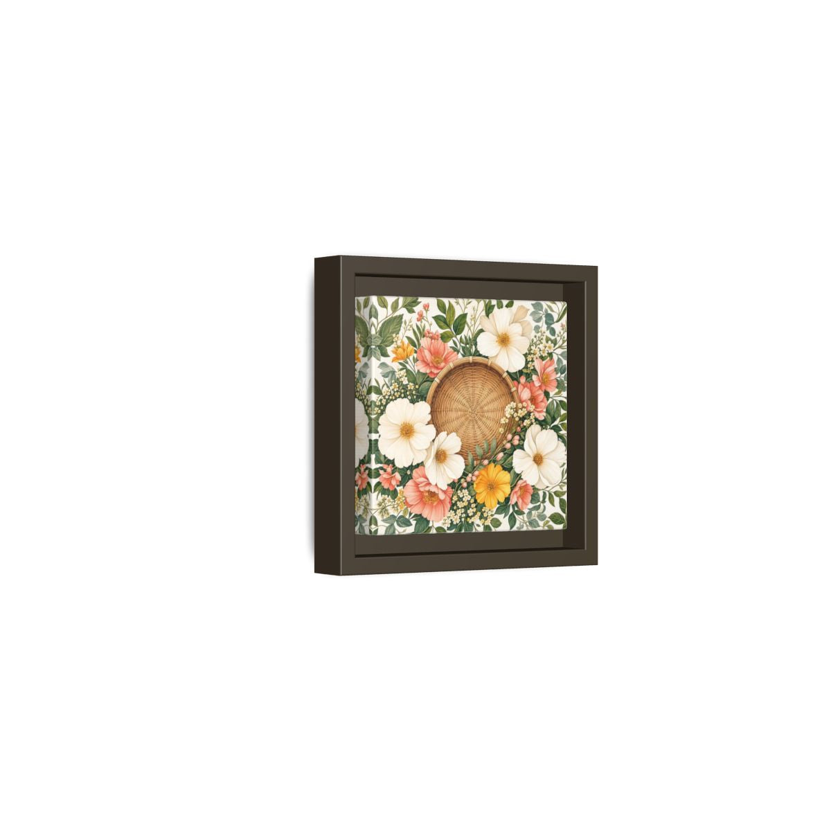 Side Mockup 23. Aged Vintage Print Flowers Beside Woven Wall Basket shown as stretched canvas wall art