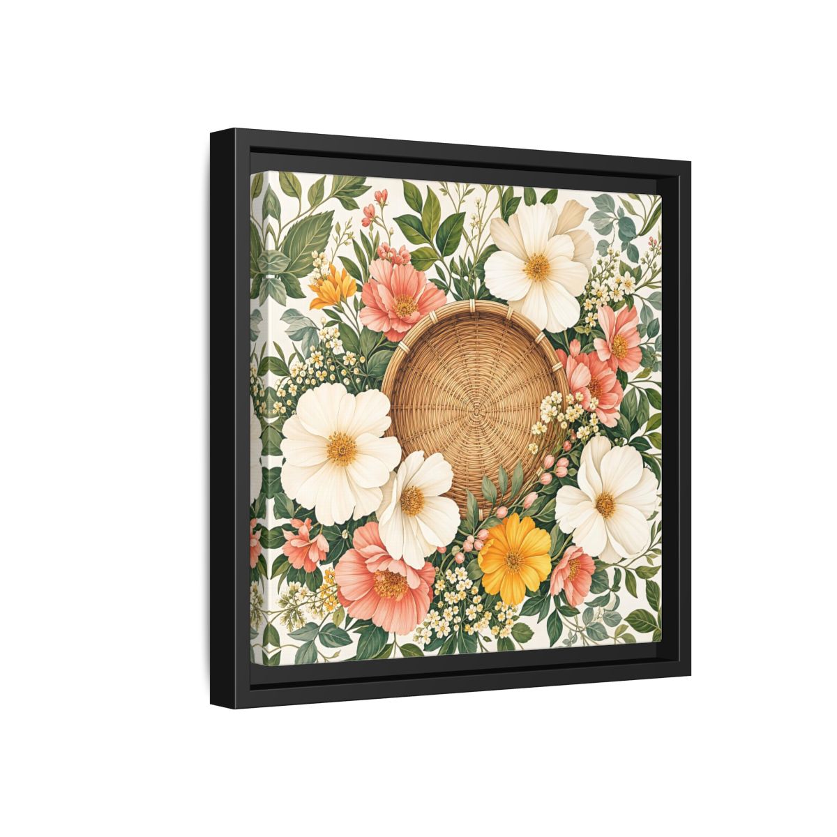 Side Mockup 18. Aged Vintage Print Flowers Beside Woven Wall Basket shown as stretched canvas wall art