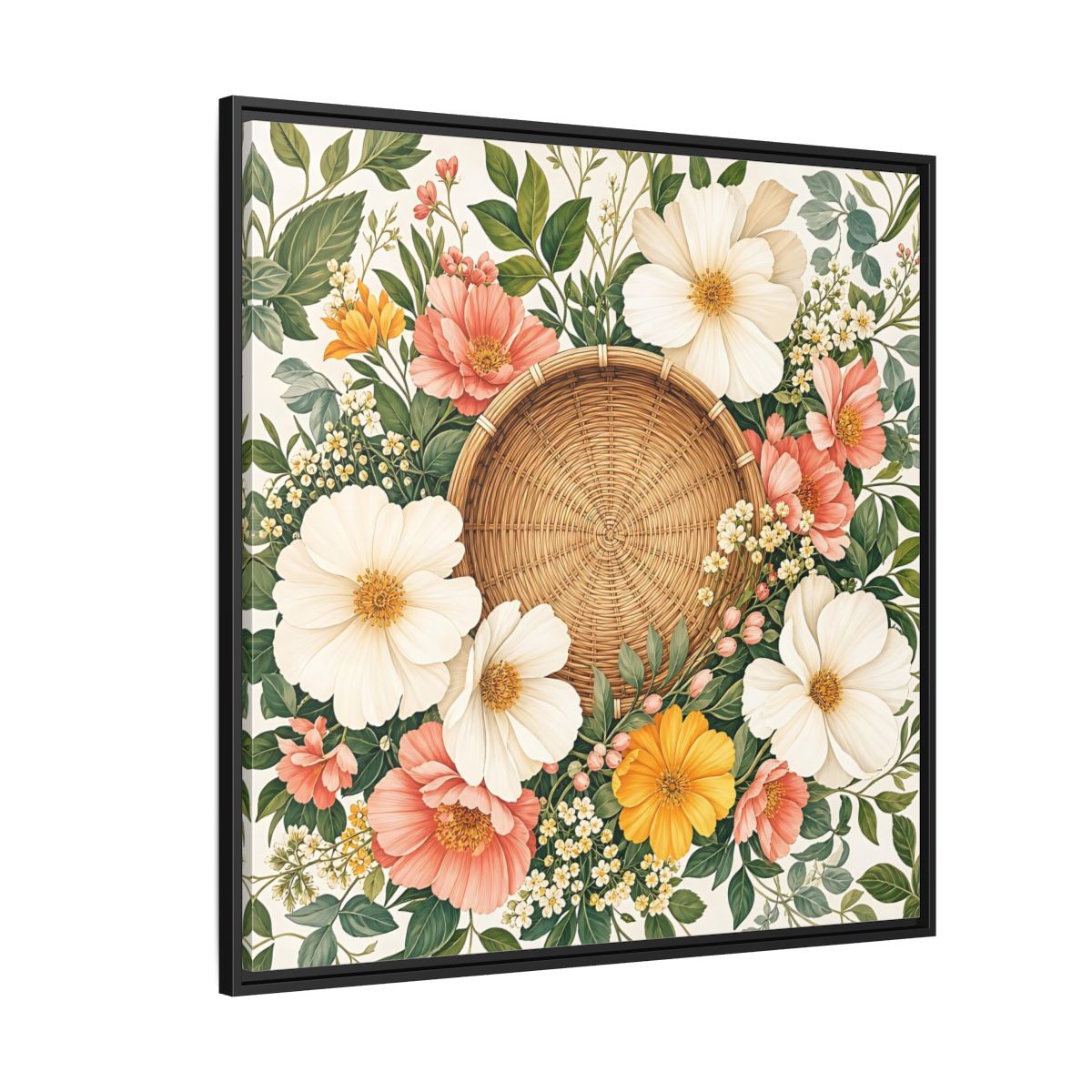 Side Mockup 6. Aged Vintage Print Flowers Beside Woven Wall Basket shown as stretched canvas wall art