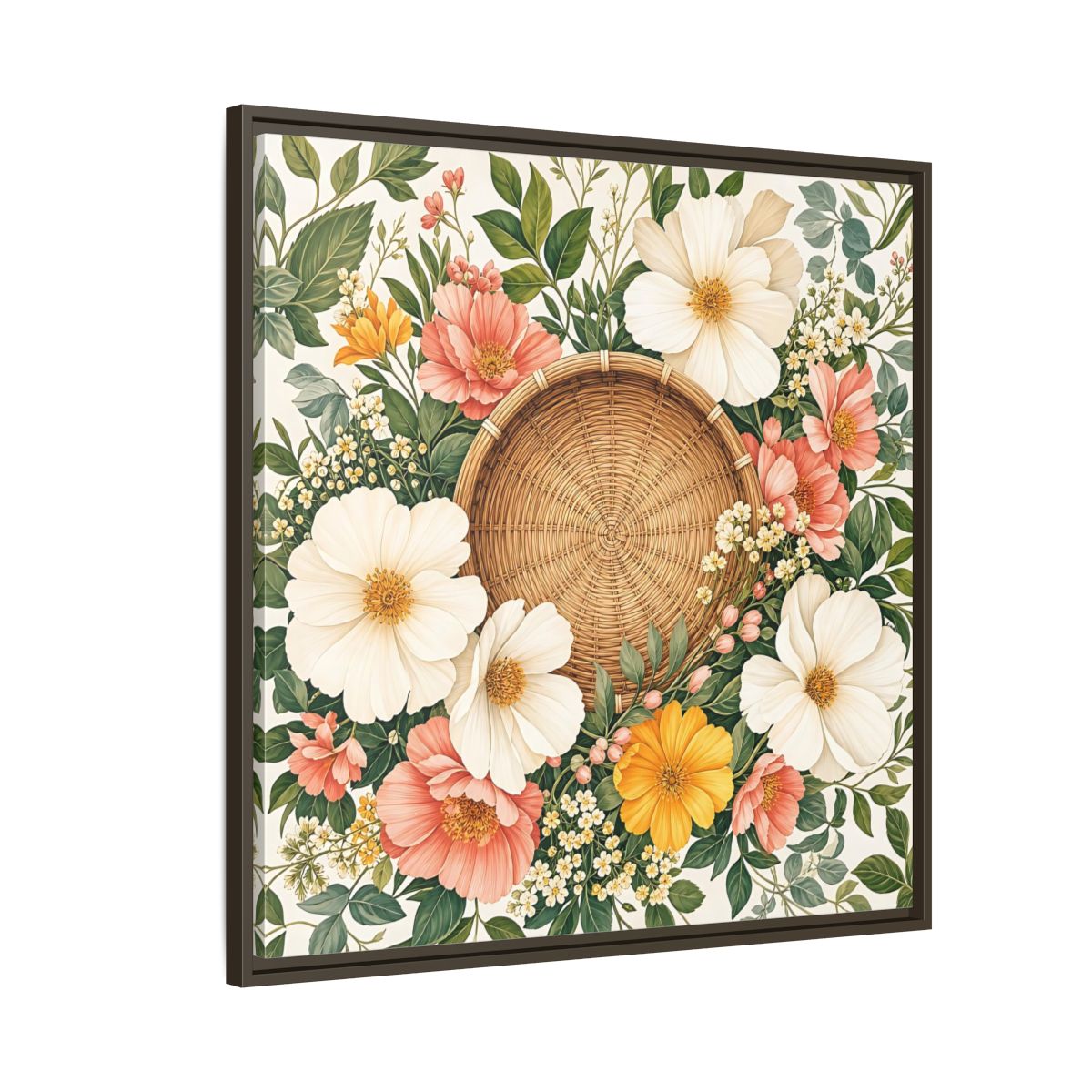Side Mockup 8. Aged Vintage Print Flowers Beside Woven Wall Basket shown as stretched canvas wall art