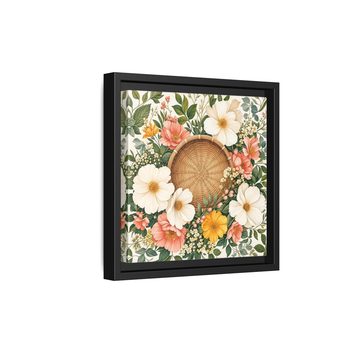 Side Mockup 21. Aged Vintage Print Flowers Beside Woven Wall Basket shown as stretched canvas wall art