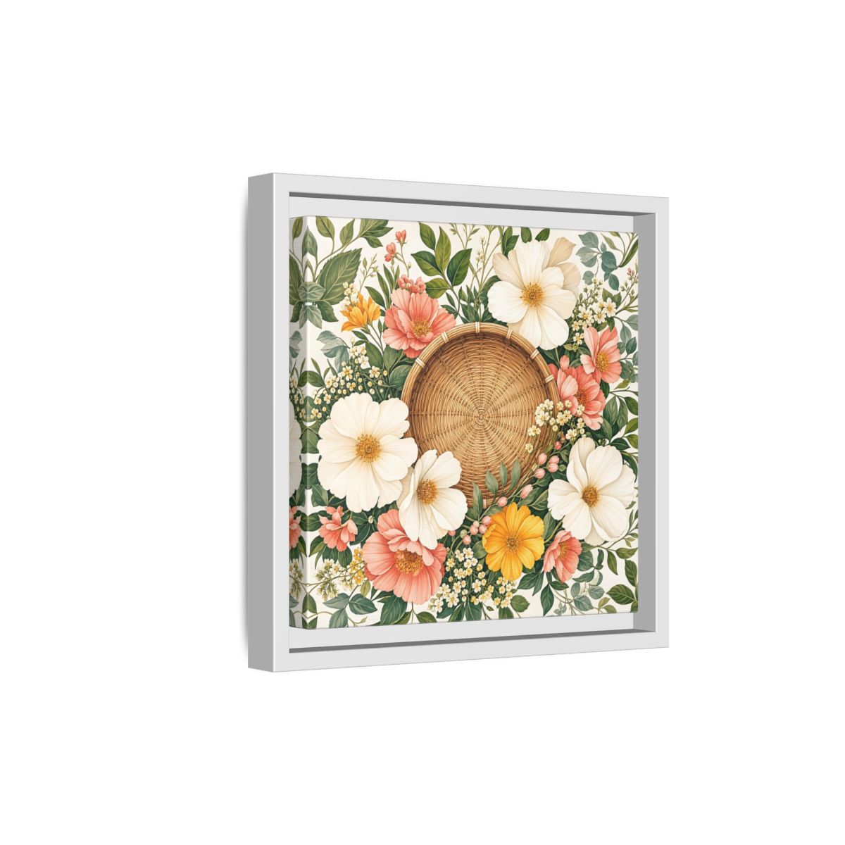Side Mockup 19. Aged Vintage Print Flowers Beside Woven Wall Basket shown as stretched canvas wall art