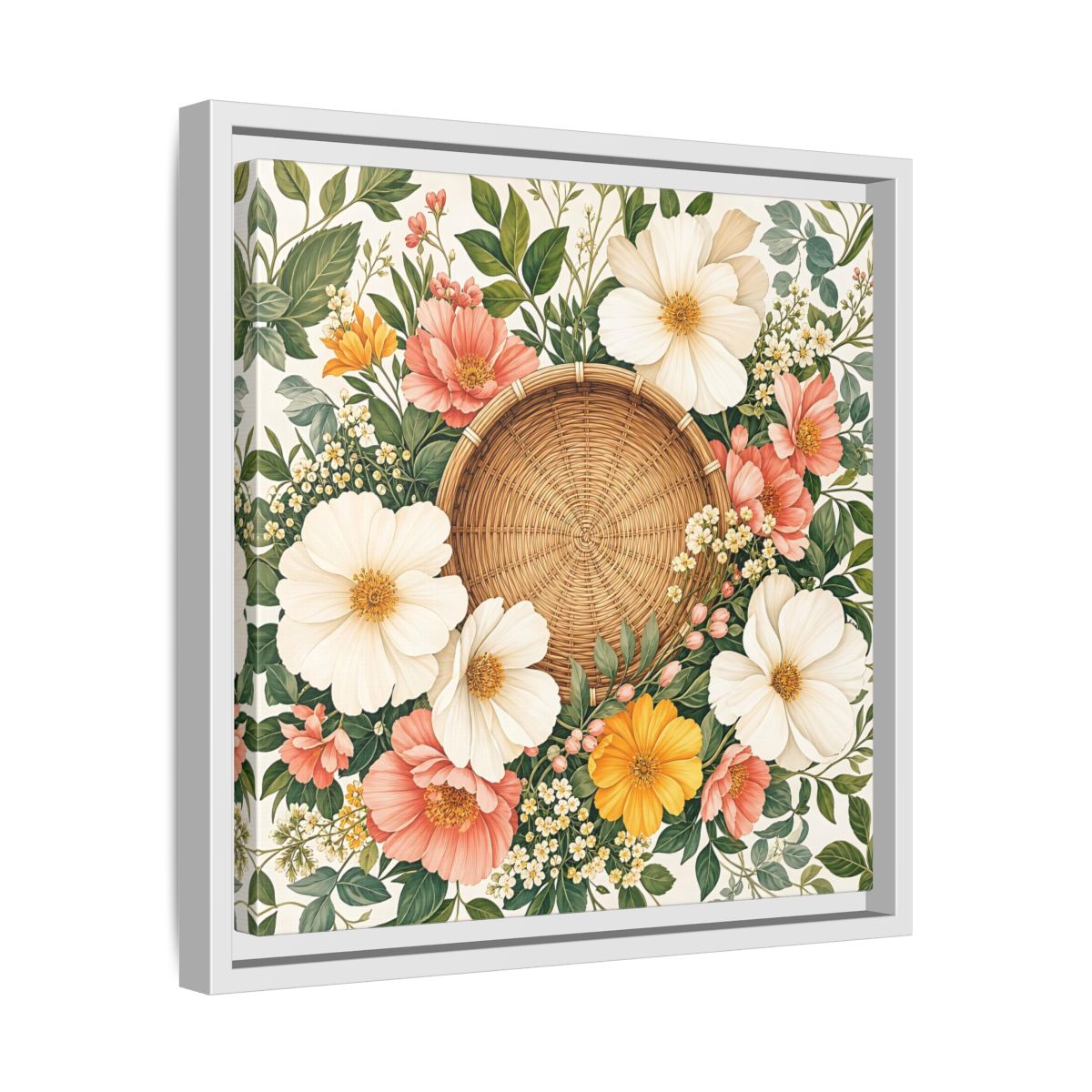 Side Mockup 28. Aged Vintage Print Flowers Beside Woven Wall Basket shown as stretched canvas wall art