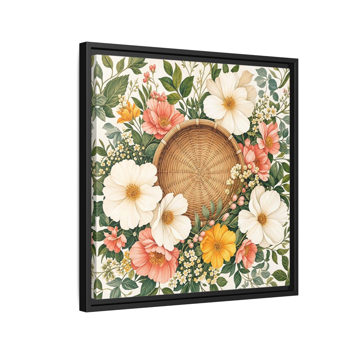 Side Mockup 12. Aged Vintage Print Flowers Beside Woven Wall Basket shown as stretched canvas wall art