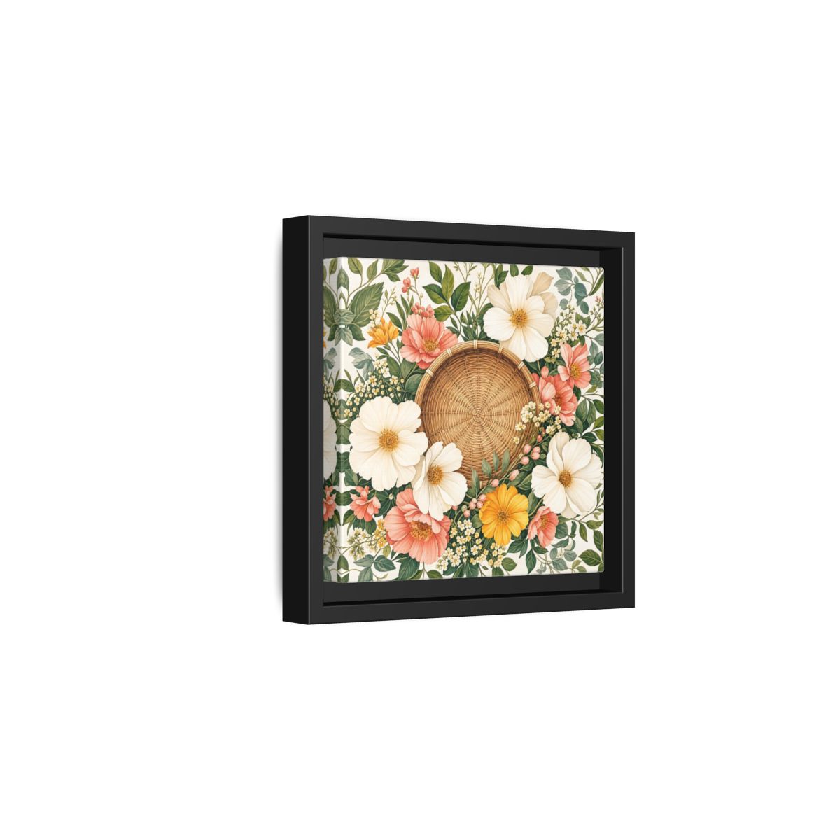 Side Mockup 3. Aged Vintage Print Flowers Beside Woven Wall Basket shown as stretched canvas wall art