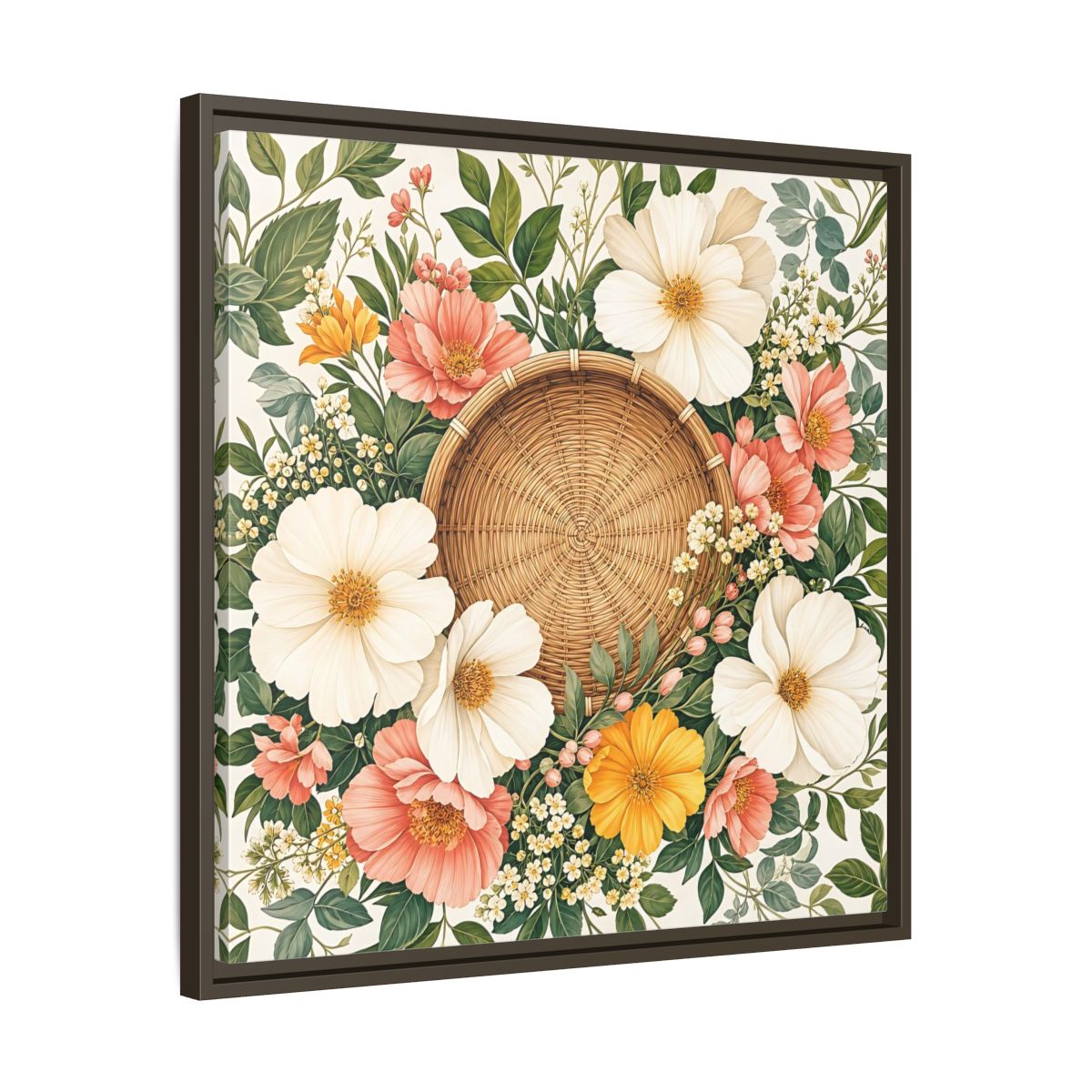 Side Mockup 27. Aged Vintage Print Flowers Beside Woven Wall Basket shown as stretched canvas wall art