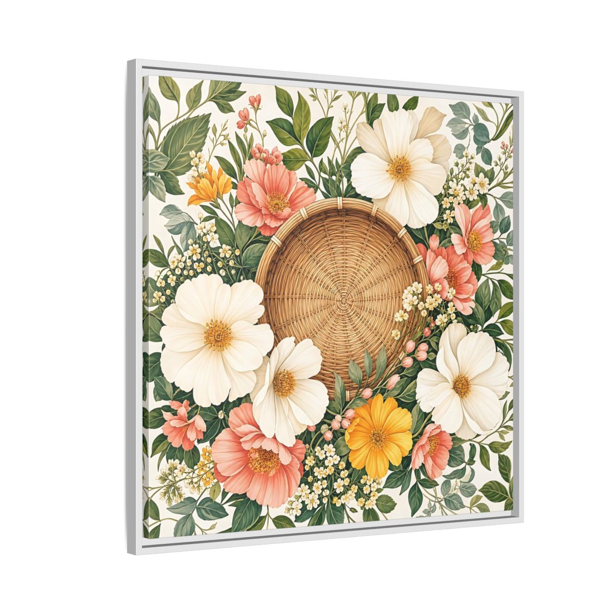Side Mockup 7. Aged Vintage Print Flowers Beside Woven Wall Basket shown as stretched canvas wall art