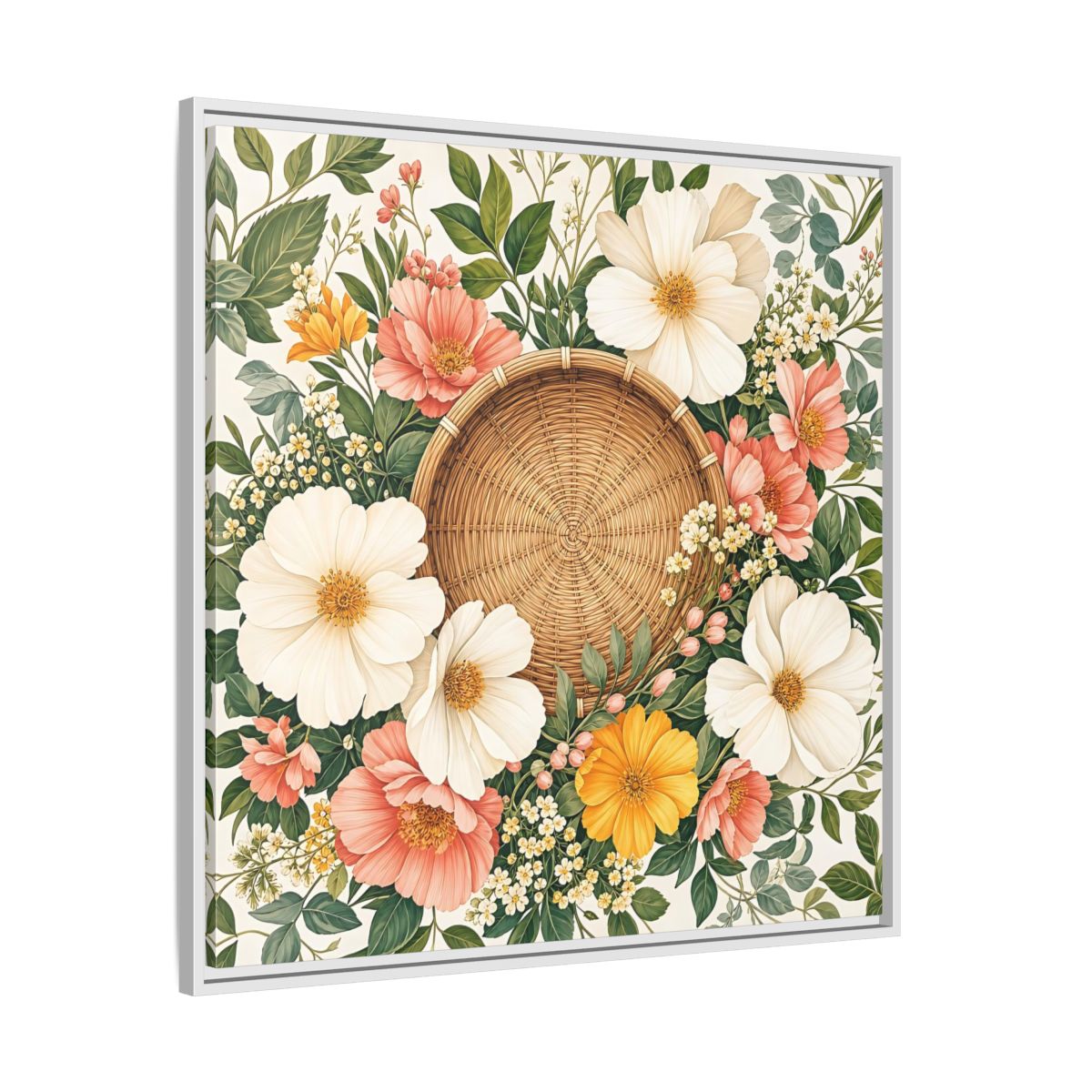 Side Mockup 25. Aged Vintage Print Flowers Beside Woven Wall Basket shown as stretched canvas wall art