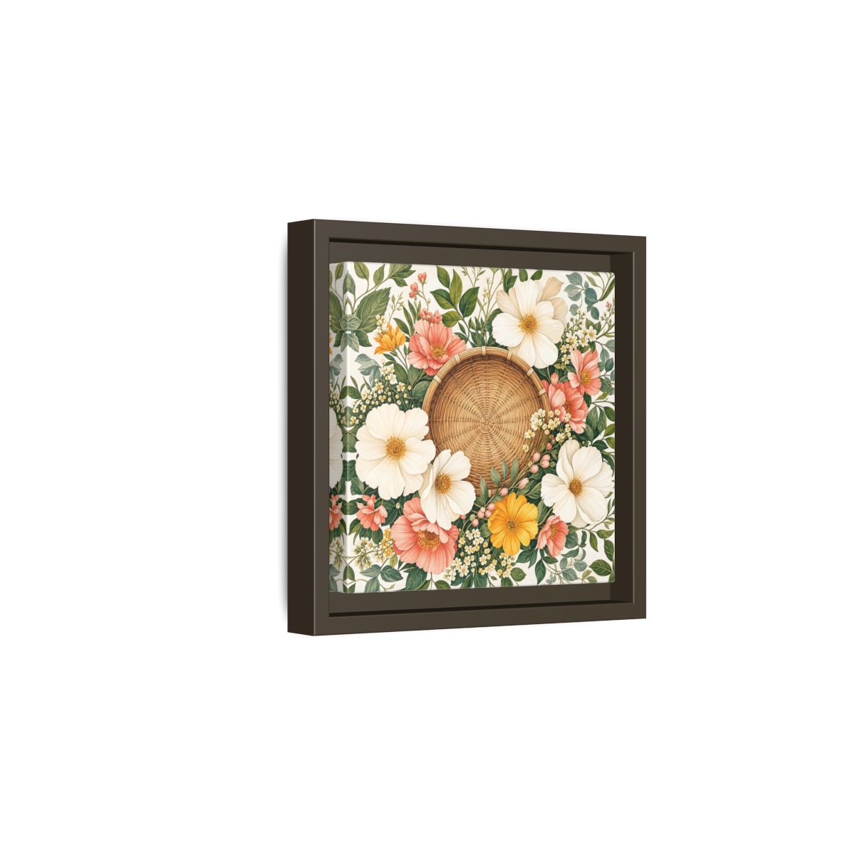 Side Mockup 2. Aged Vintage Print Flowers Beside Woven Wall Basket shown as stretched canvas wall art