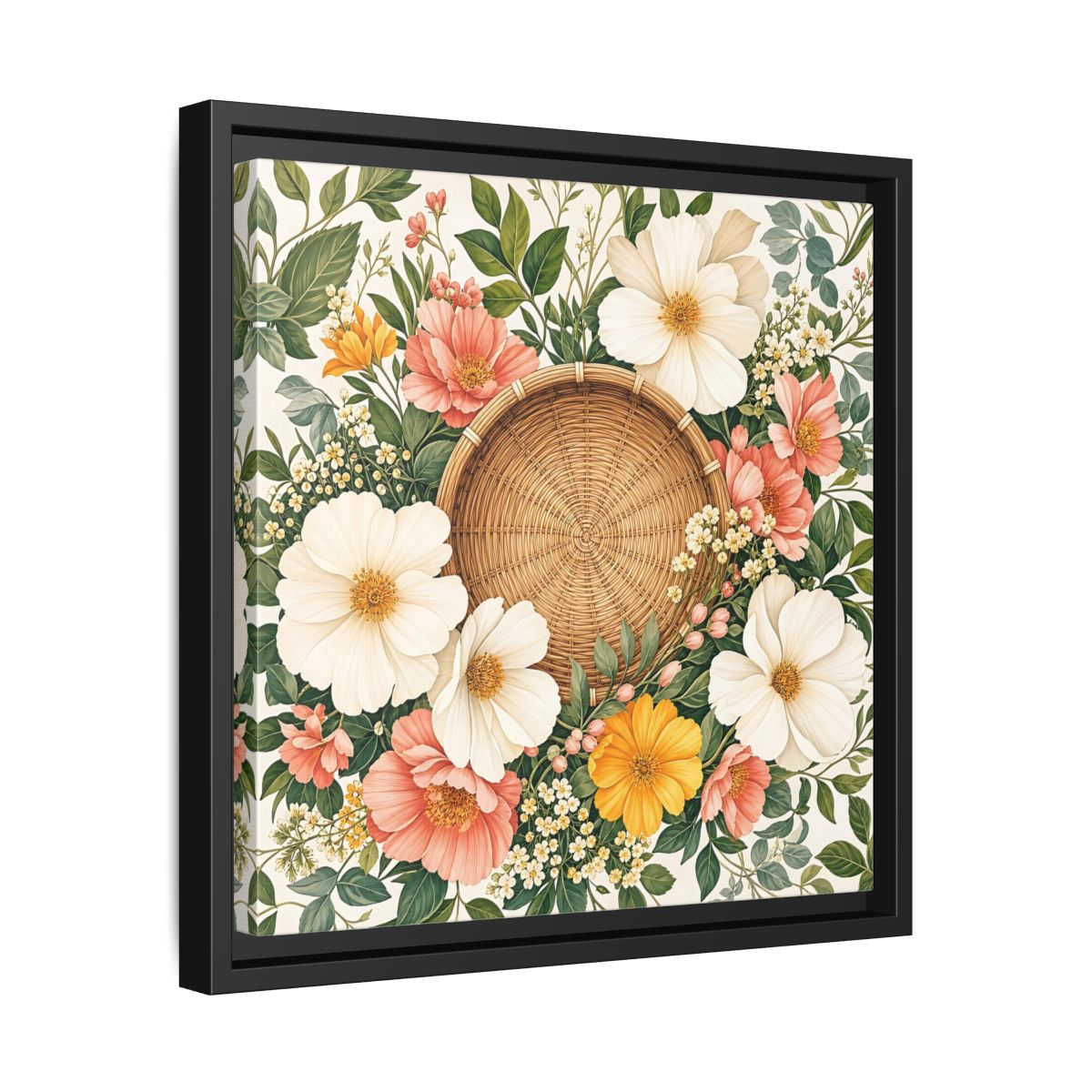 Side Mockup 32. Aged Vintage Print Flowers Beside Woven Wall Basket shown as stretched canvas wall art