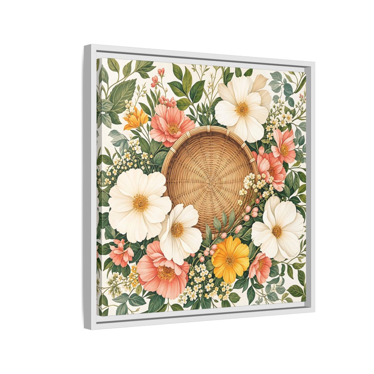 Side Mockup 10. Aged Vintage Print Flowers Beside Woven Wall Basket shown as stretched canvas wall art