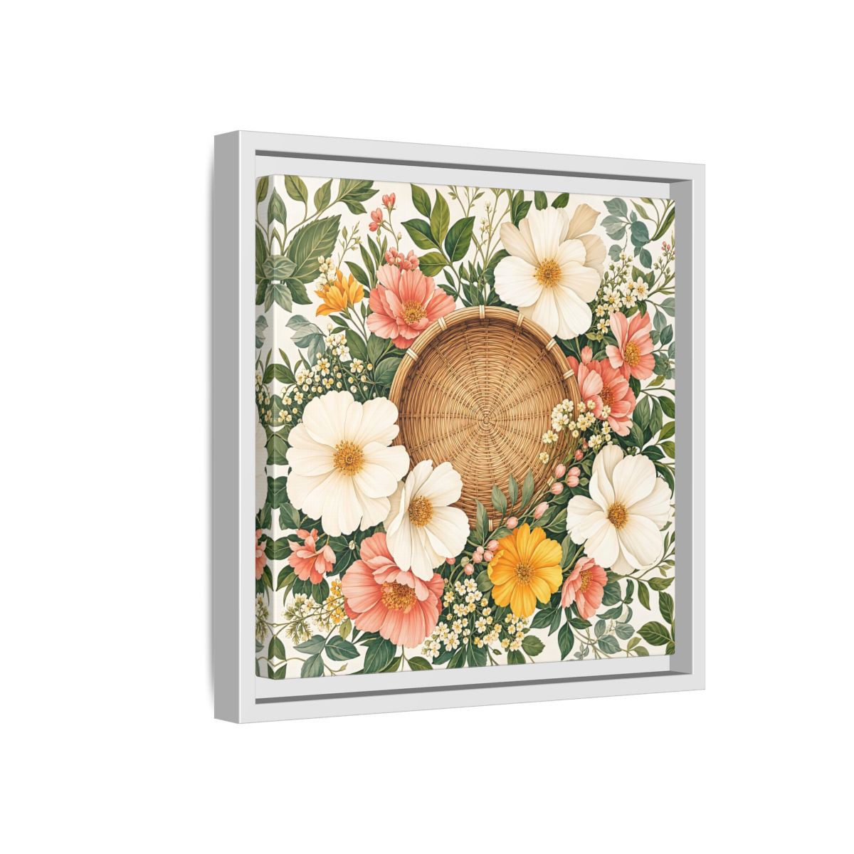 Side Mockup 16. Aged Vintage Print Flowers Beside Woven Wall Basket shown as stretched canvas wall art