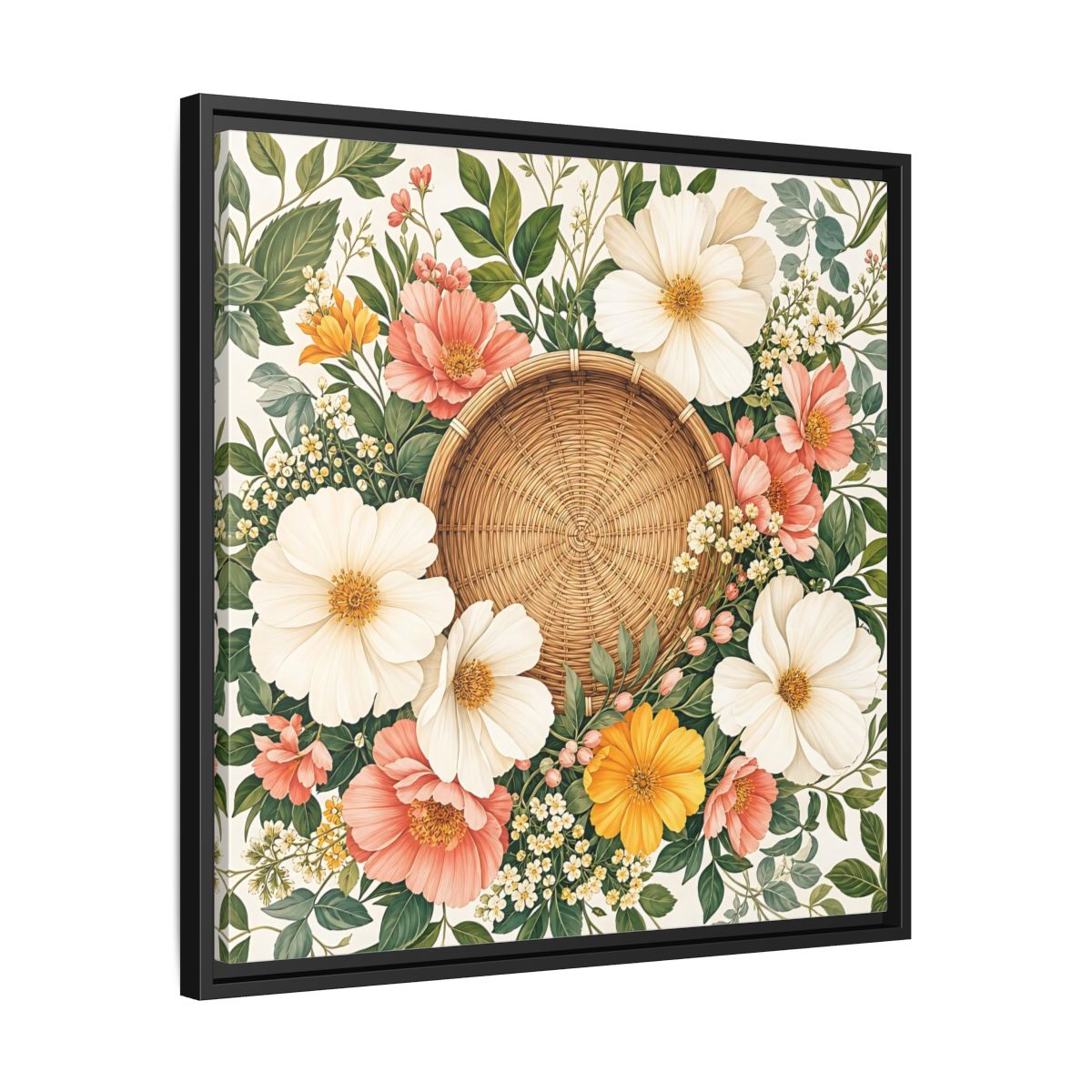 Side Mockup 31. Aged Vintage Print Flowers Beside Woven Wall Basket shown as stretched canvas wall art