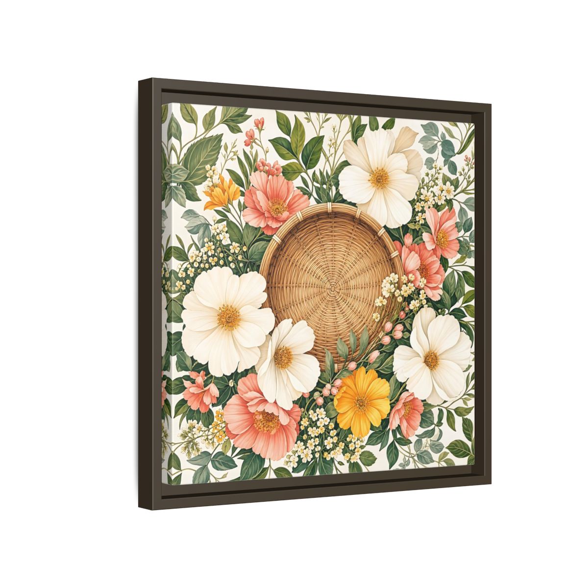 Side Mockup 14. Aged Vintage Print Flowers Beside Woven Wall Basket shown as stretched canvas wall art