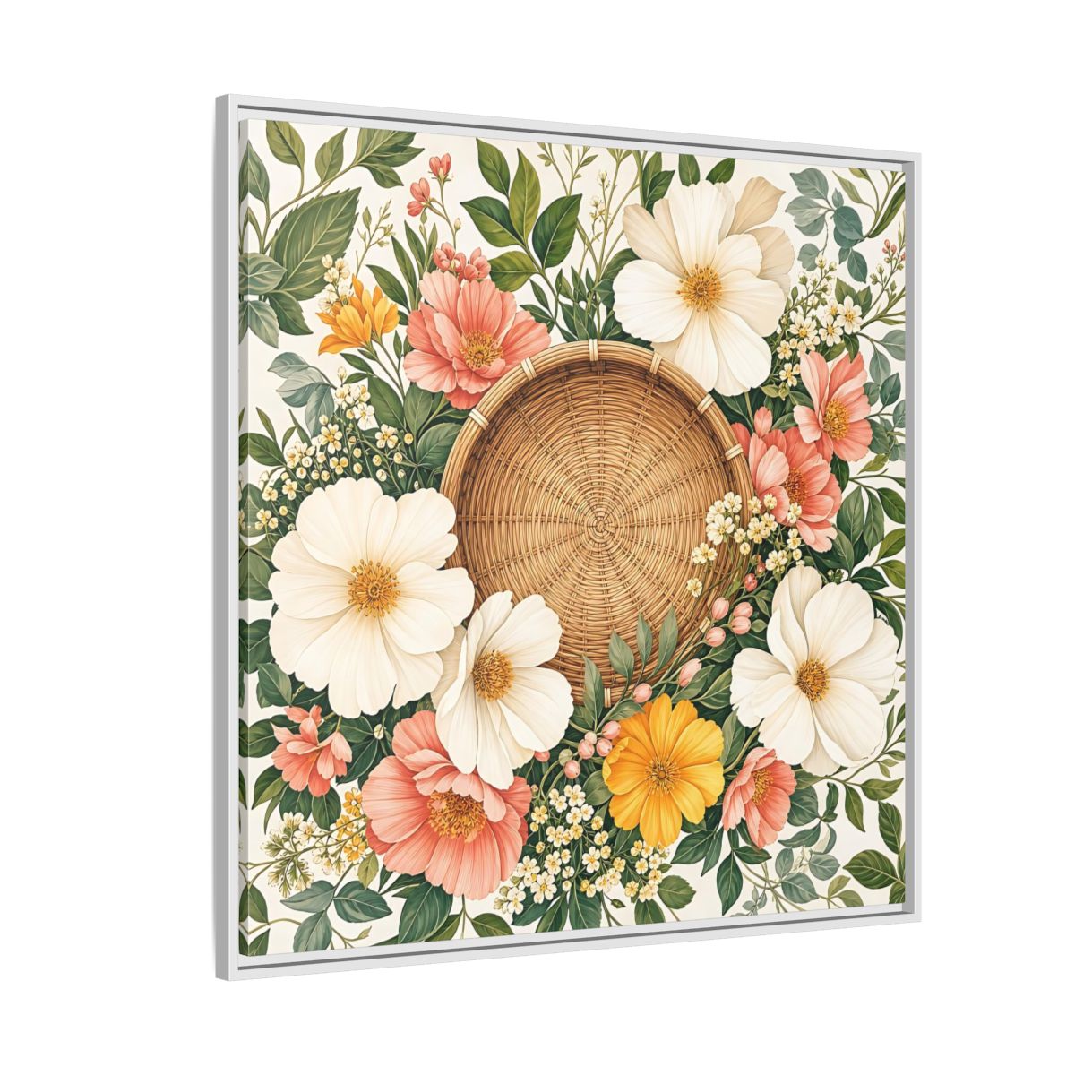 Side Mockup 4. Aged Vintage Print Flowers Beside Woven Wall Basket shown as stretched canvas wall art