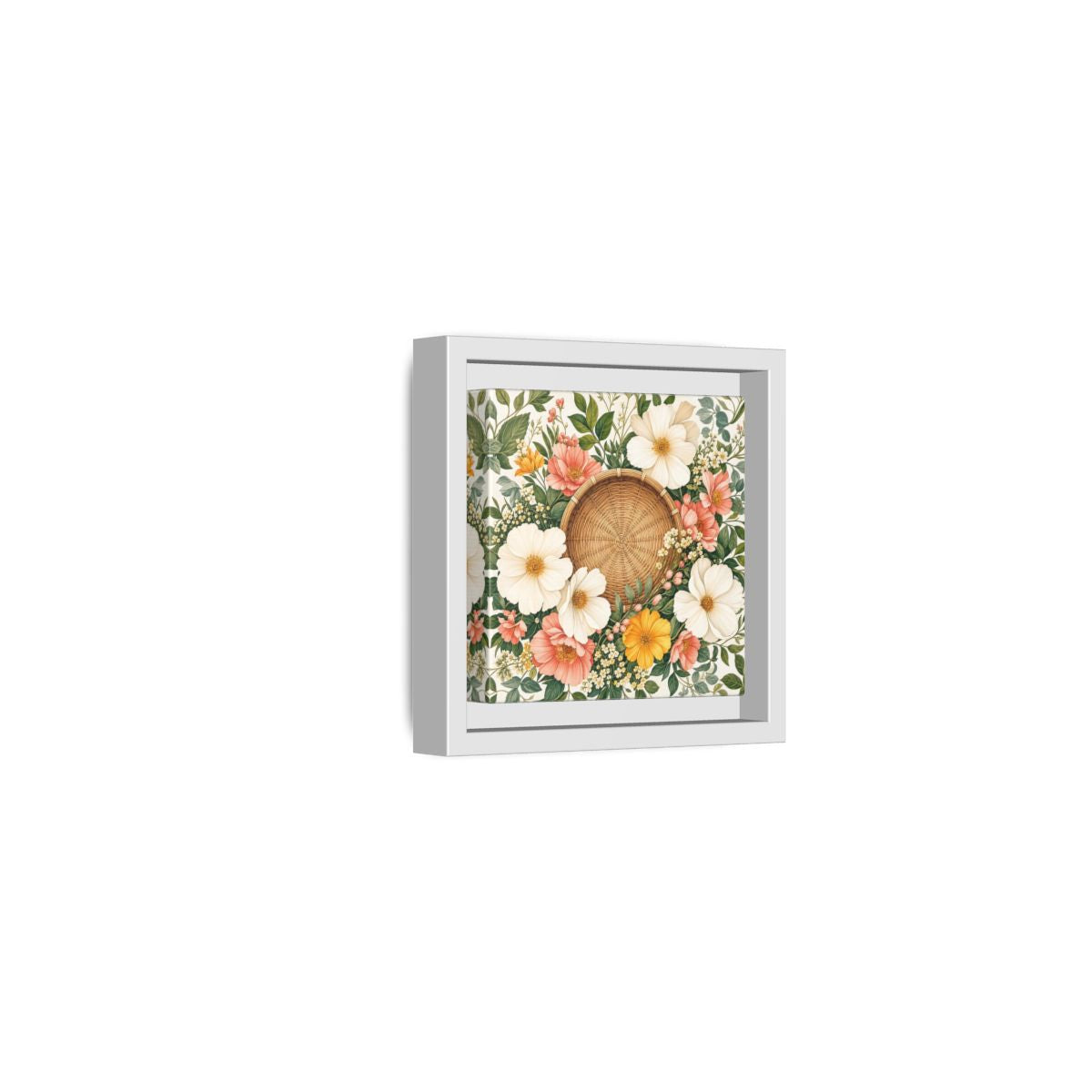 Side Mockup 22. Aged Vintage Print Flowers Beside Woven Wall Basket shown as stretched canvas wall art