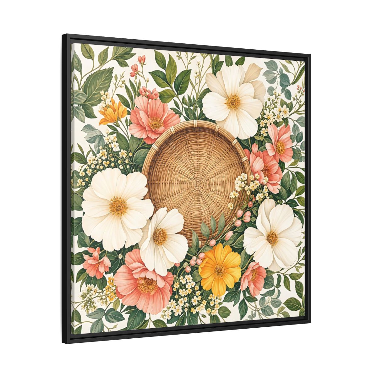 Side Mockup 30. Aged Vintage Print Flowers Beside Woven Wall Basket shown as stretched canvas wall art