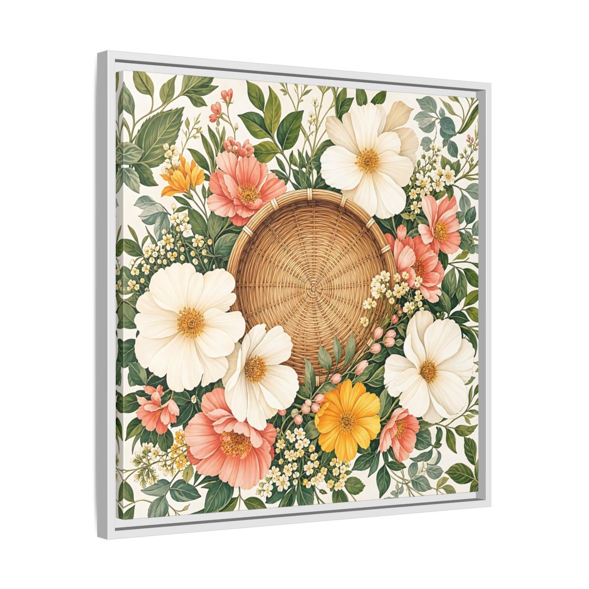 Side Mockup 26. Aged Vintage Print Flowers Beside Woven Wall Basket shown as stretched canvas wall art