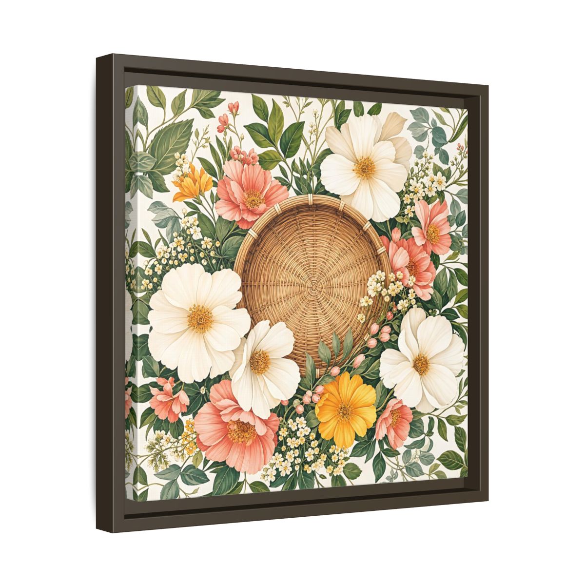 Side Mockup 29. Aged Vintage Print Flowers Beside Woven Wall Basket shown as stretched canvas wall art