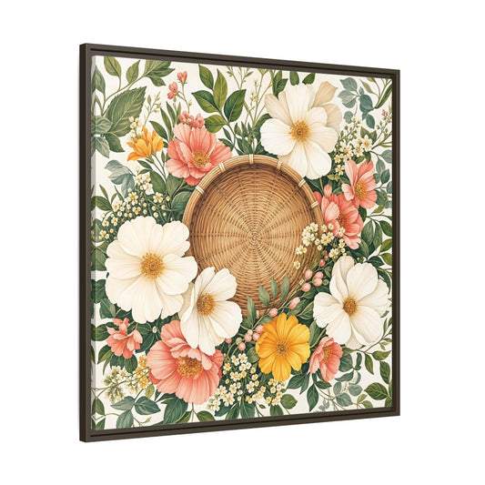Main Mockup. Aged Vintage Print Flowers Beside Woven Wall Basket shown as stretched canvas wall art
