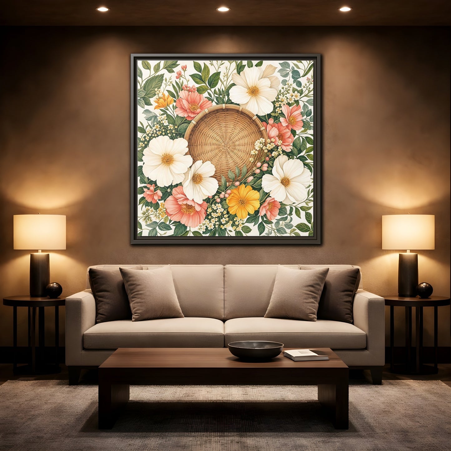 Mockup 2. Aged Vintage Print Flowers Beside Woven Wall Basket shown as stretched canvas wall art