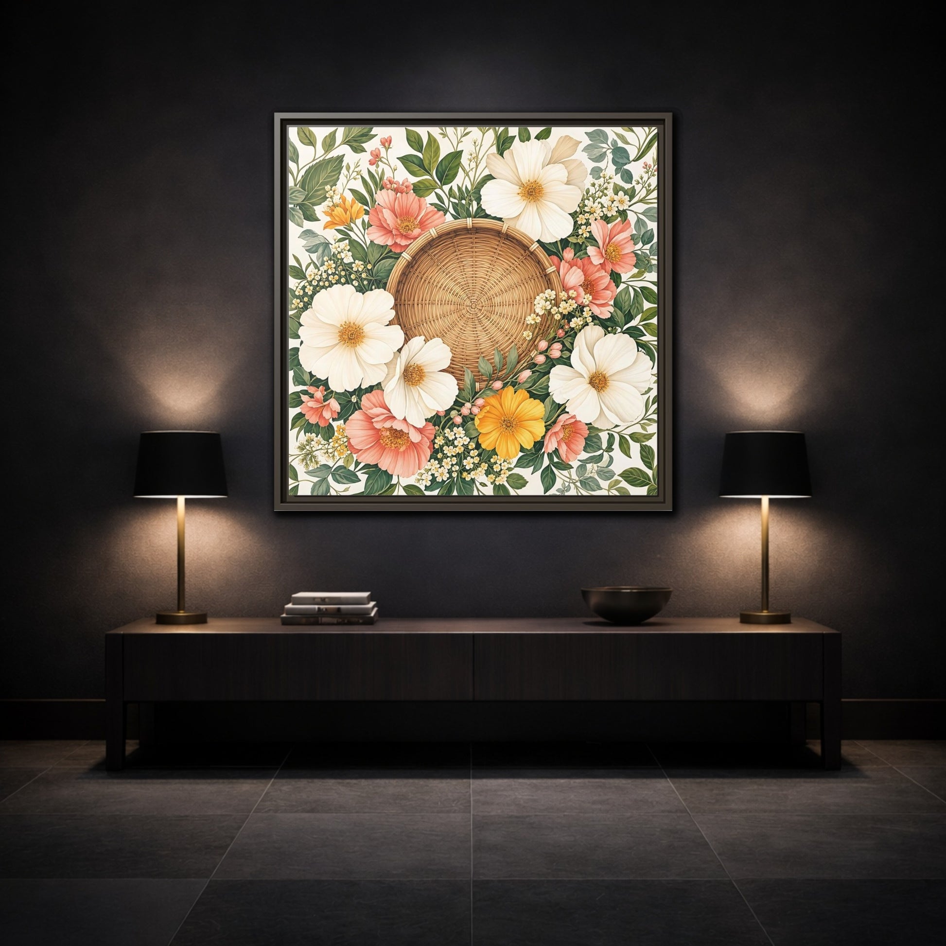Mockup 3. Aged Vintage Print Flowers Beside Woven Wall Basket shown as stretched canvas wall art
