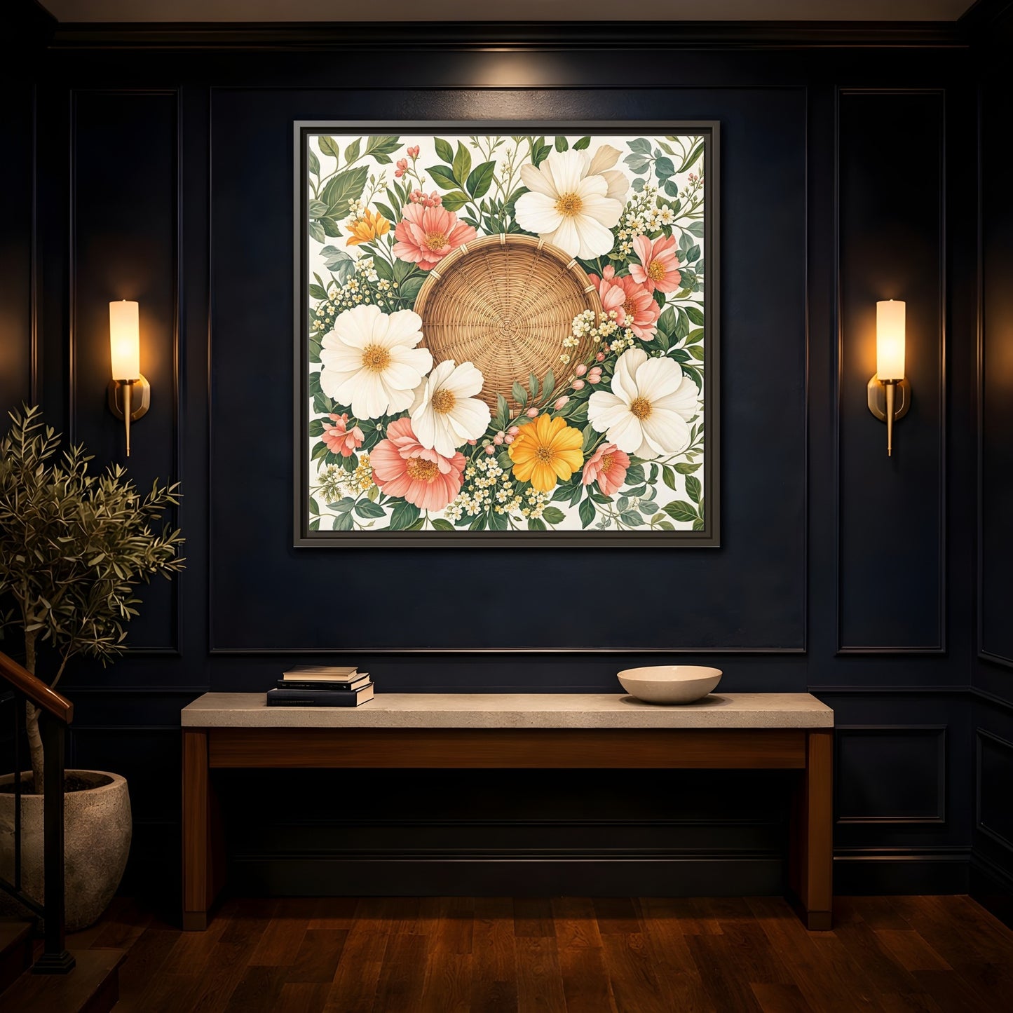 Mockup 4. Aged Vintage Print Flowers Beside Woven Wall Basket shown as stretched canvas wall art