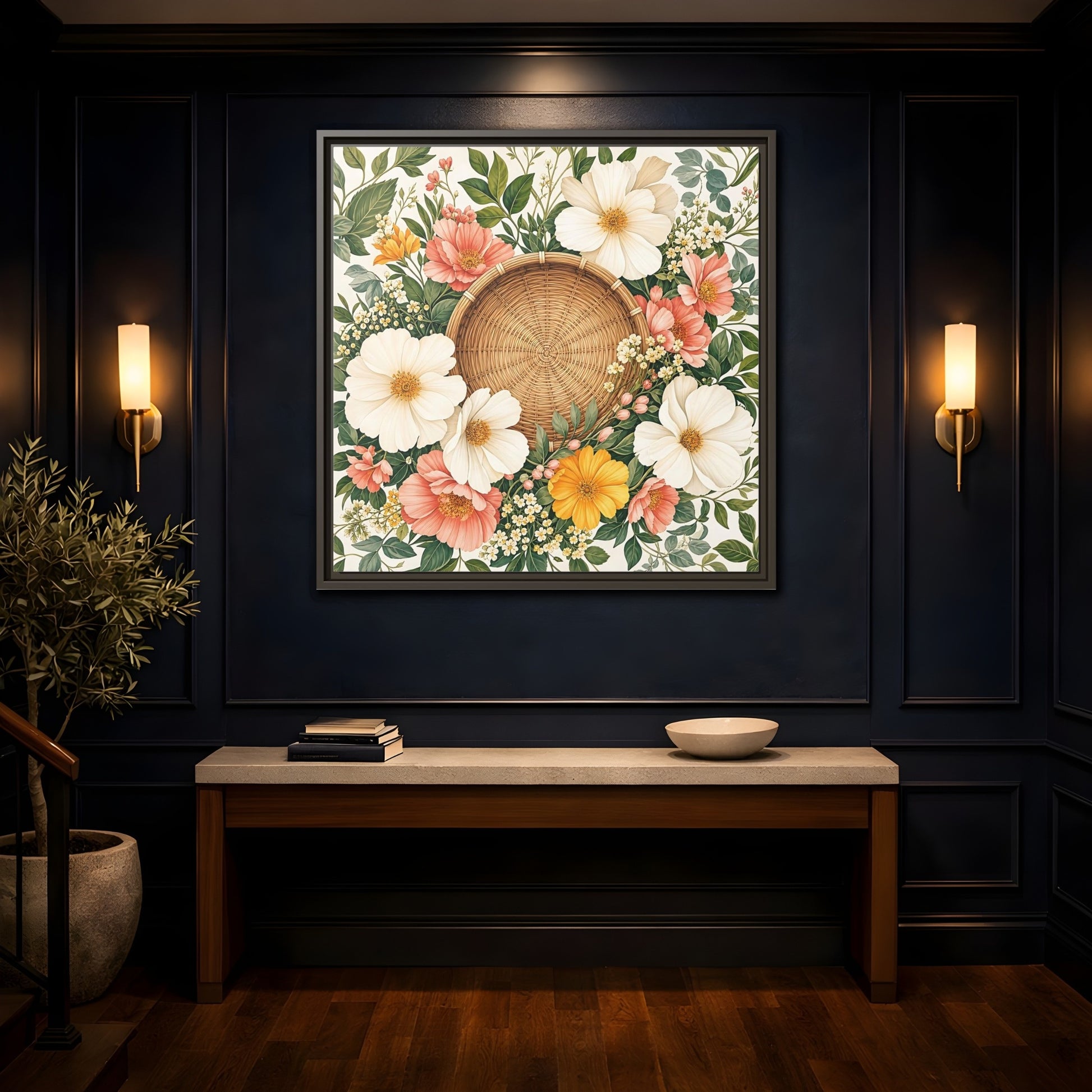 Mockup 4. Aged Vintage Print Flowers Beside Woven Wall Basket shown as stretched canvas wall art