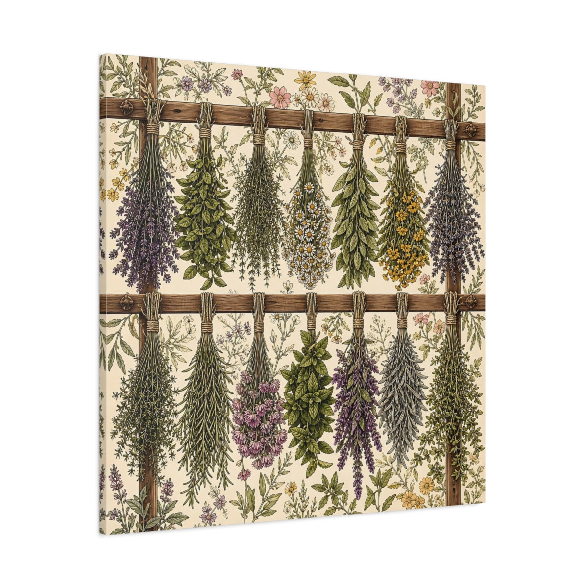 Side Mockup 1. Aged Vintage Print Herbs Drying From Wooden Rack shown as stretched canvas wall art