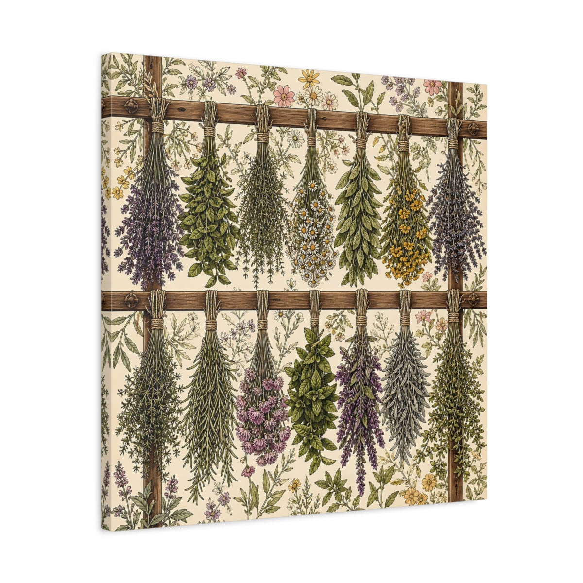 Side Mockup 4. Aged Vintage Print Herbs Drying From Wooden Rack shown as stretched canvas wall art