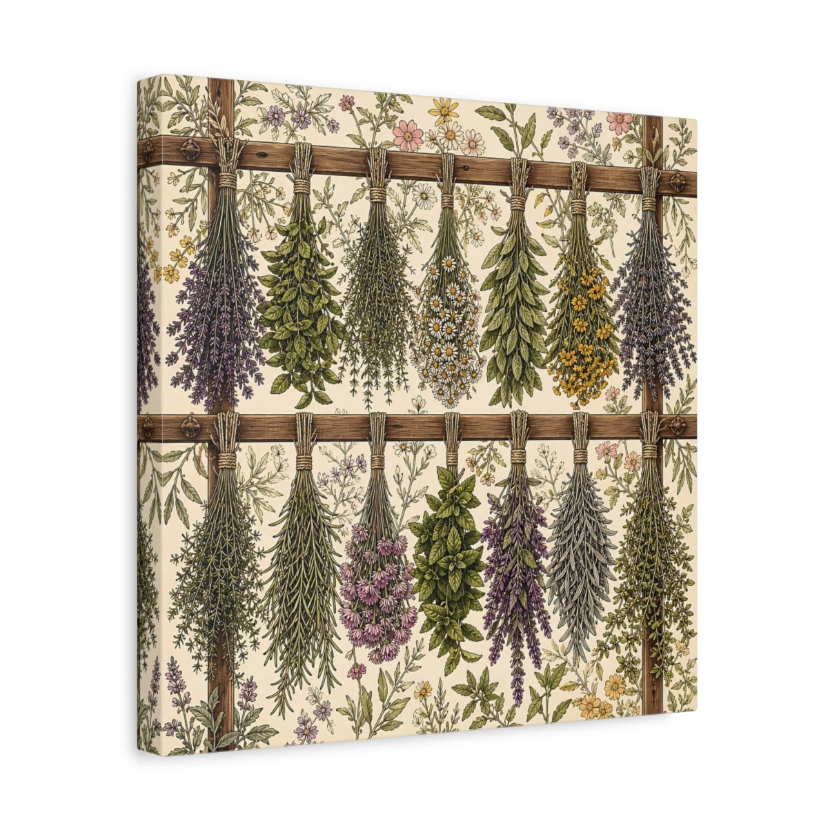 Side Mockup 7. Aged Vintage Print Herbs Drying From Wooden Rack shown as stretched canvas wall art