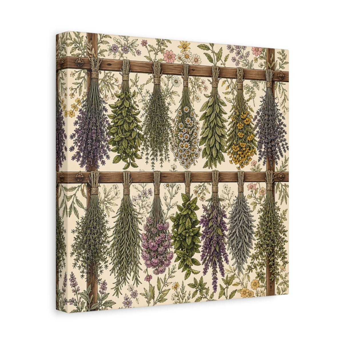 Side Mockup 8. Aged Vintage Print Herbs Drying From Wooden Rack shown as stretched canvas wall art