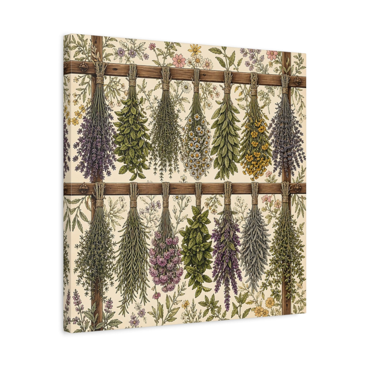 Side Mockup 5. Aged Vintage Print Herbs Drying From Wooden Rack shown as stretched canvas wall art