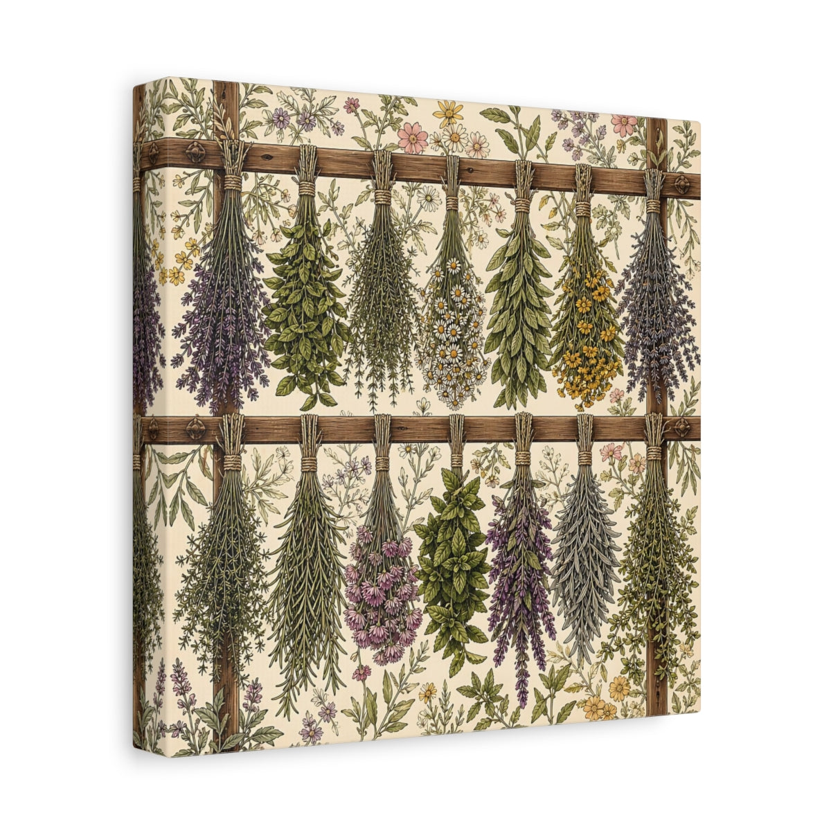 Side Mockup 9. Aged Vintage Print Herbs Drying From Wooden Rack shown as stretched canvas wall art