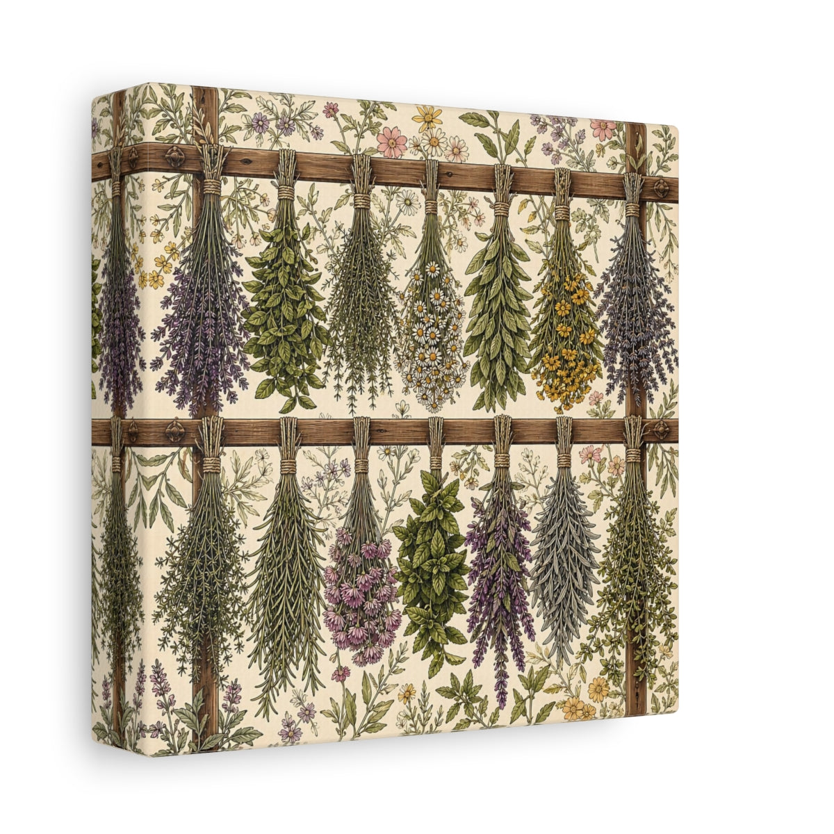 Side Mockup 2. Aged Vintage Print Herbs Drying From Wooden Rack shown as stretched canvas wall art
