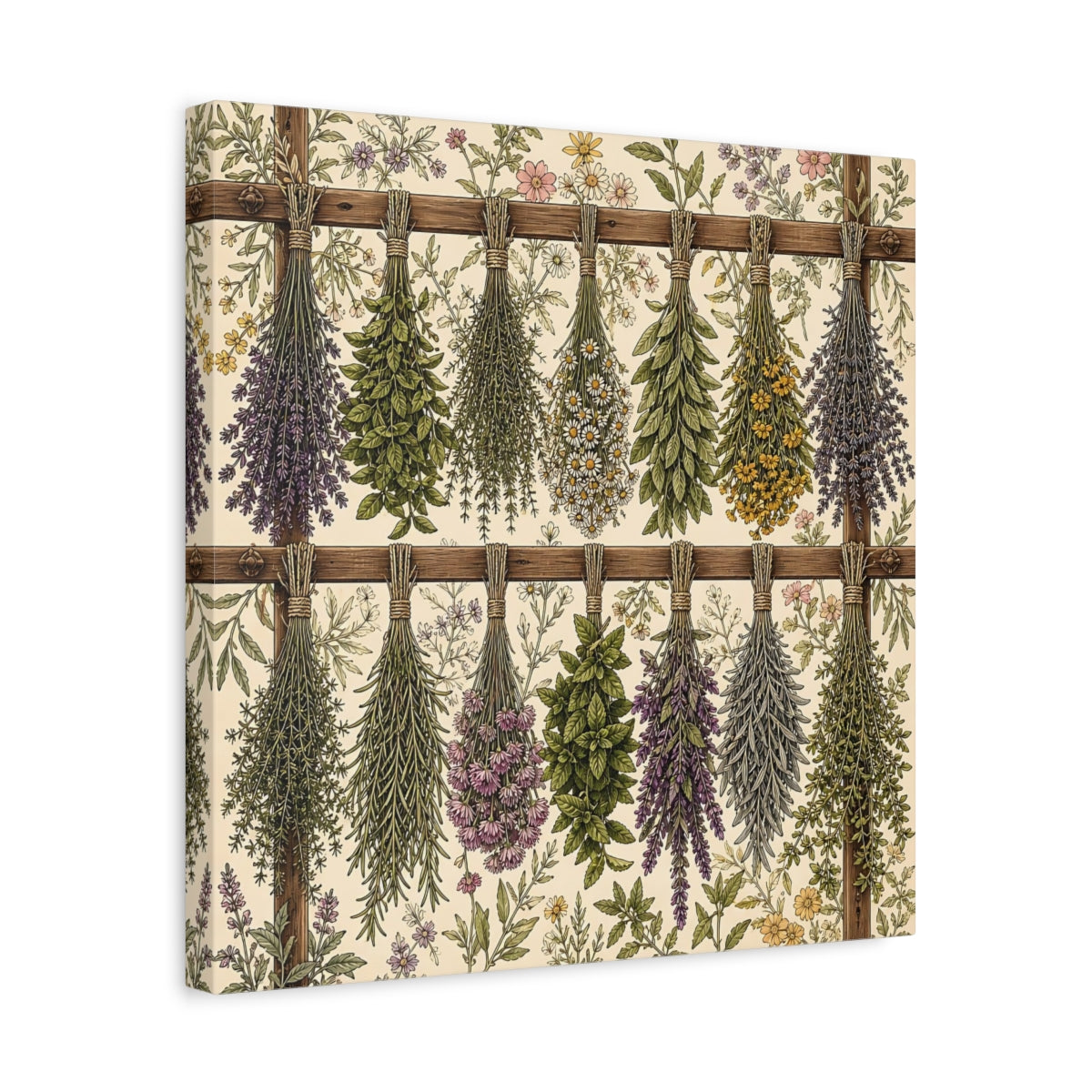 Side Mockup 6. Aged Vintage Print Herbs Drying From Wooden Rack shown as stretched canvas wall art