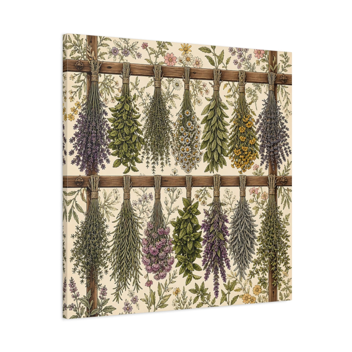 Main Mockup. Aged Vintage Print Herbs Drying From Wooden Rack shown as stretched canvas wall art
