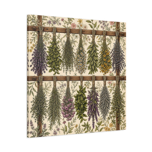 Main Mockup. Aged Vintage Print Herbs Drying From Wooden Rack shown as stretched canvas wall art